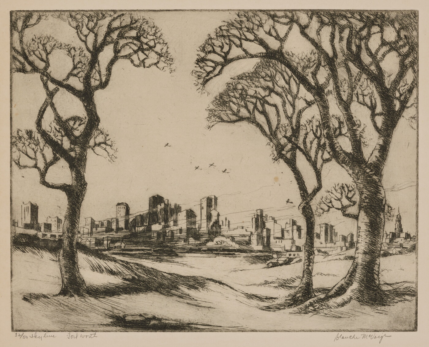 A black-and-white print of a city skyline in the distance framed by three trees in the foreground.<br />