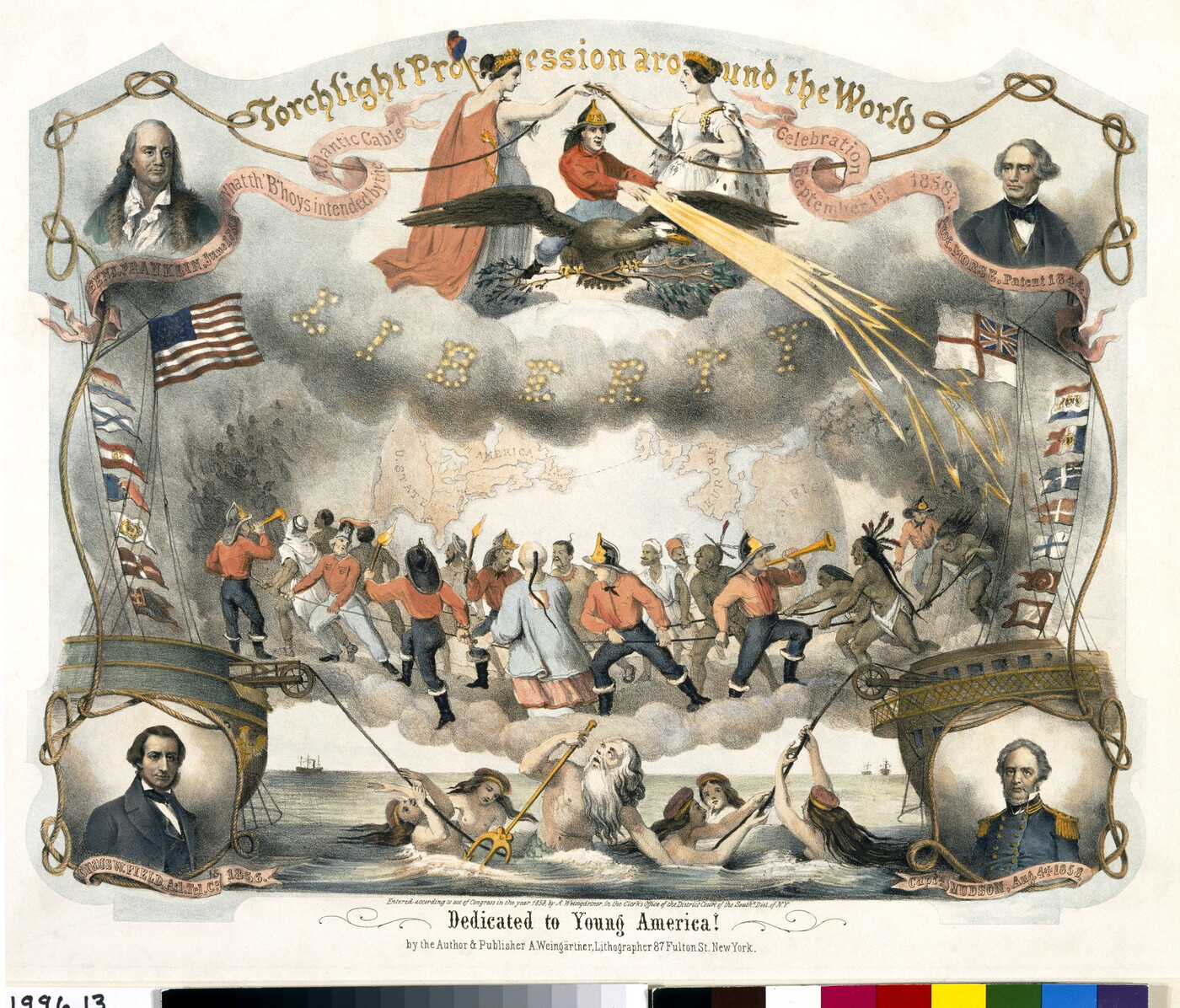 A color print of multiple historical mythological scenes in the center over the words &quot;Dedicated to Young America&quot; with portraits of four famous White men in the corners.