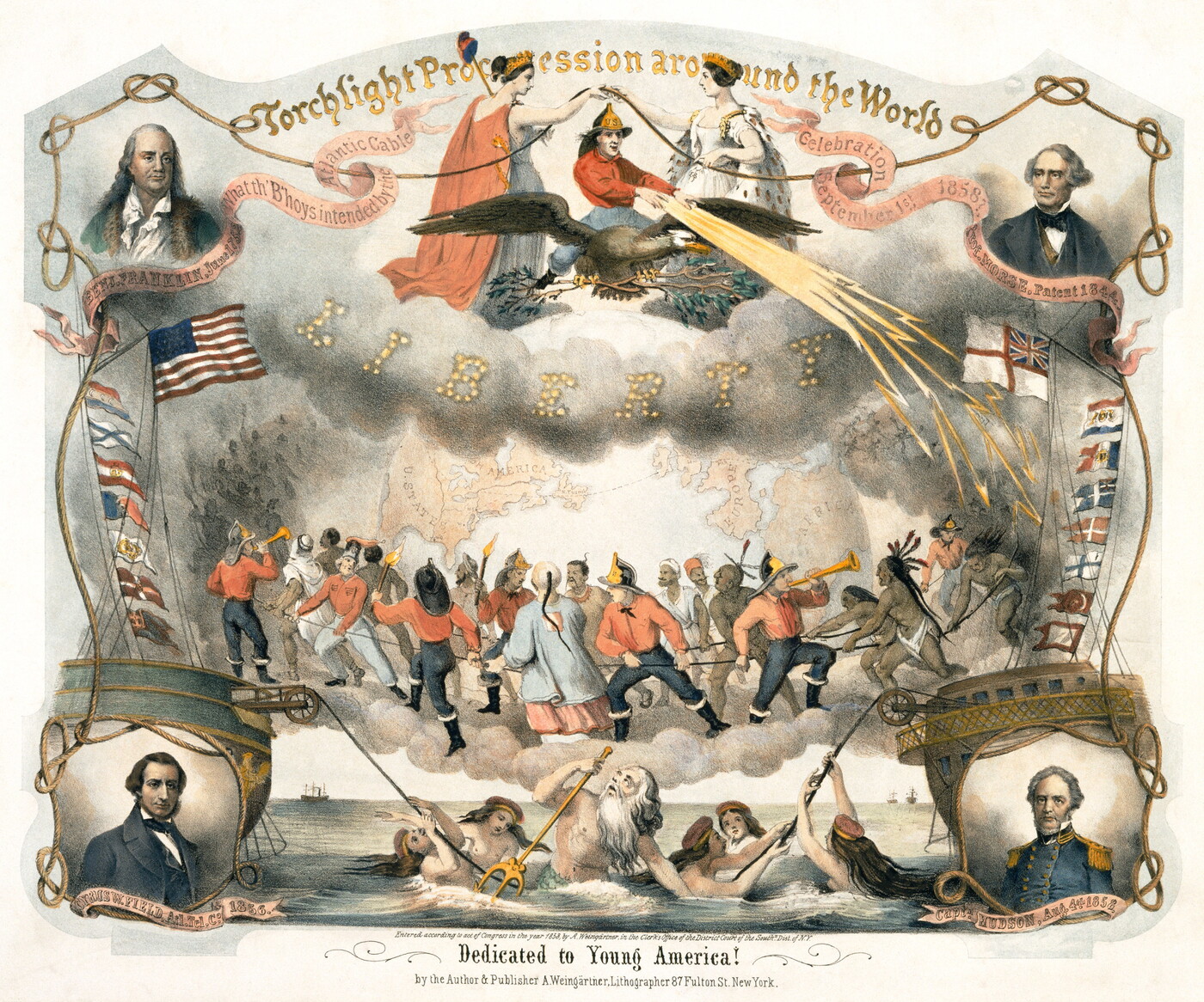 A color print of multiple historical mythological scenes in the center over the words &quot;Dedicated to Young America&quot; with portraits of four famous White men in the corners.
