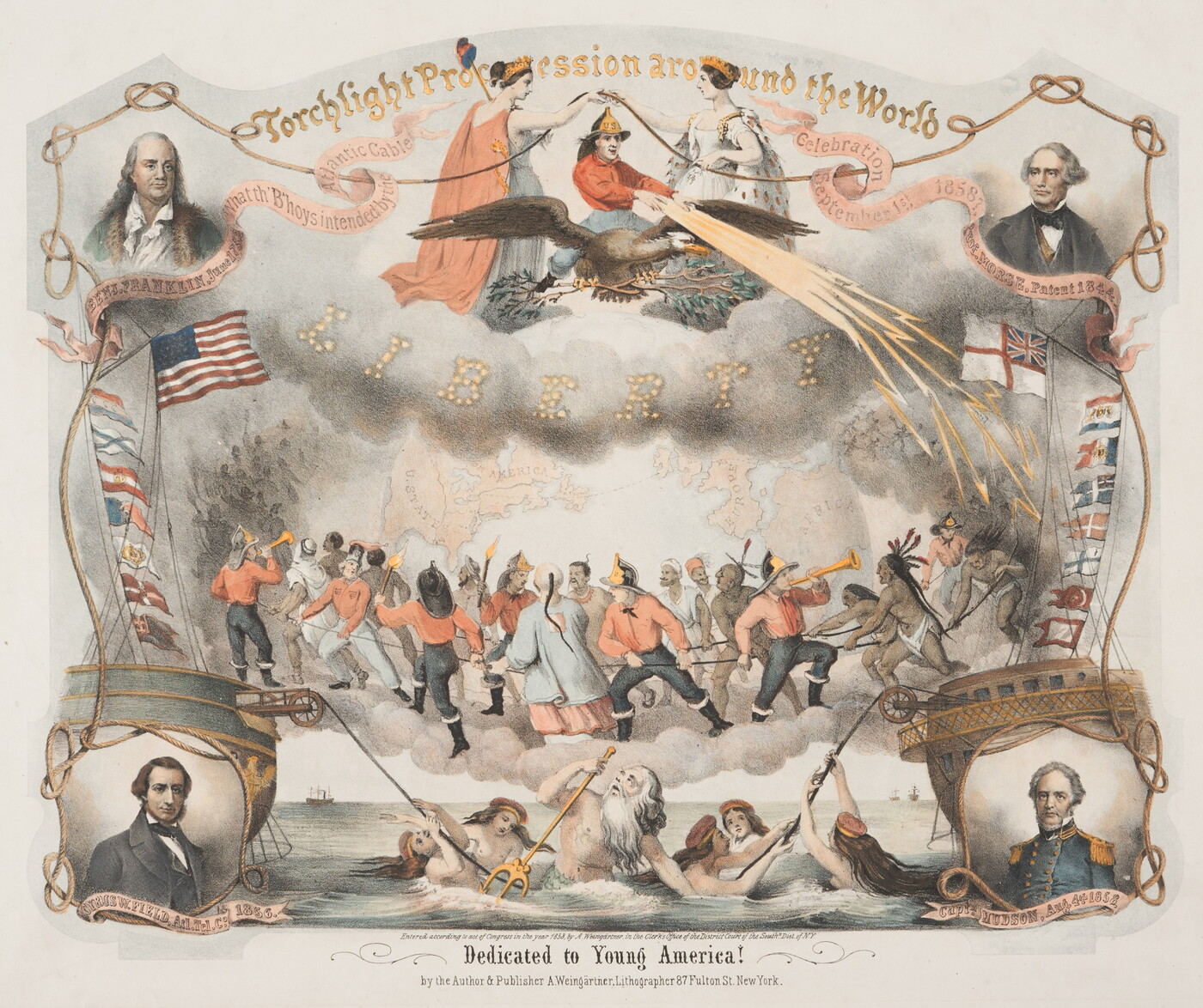 A color print of multiple historical mythological scenes in the center over the words "Dedicated to Young America" with portraits of four famous White men in the corners.