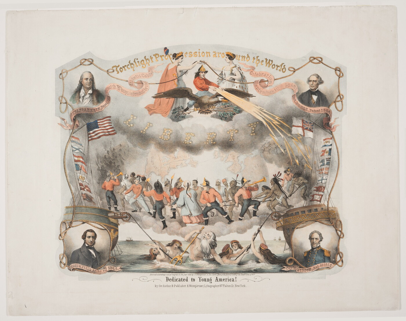 A color print of multiple historical mythological scenes in the center over the words "Dedicated to Young America" with portraits of four famous White men in the corners.