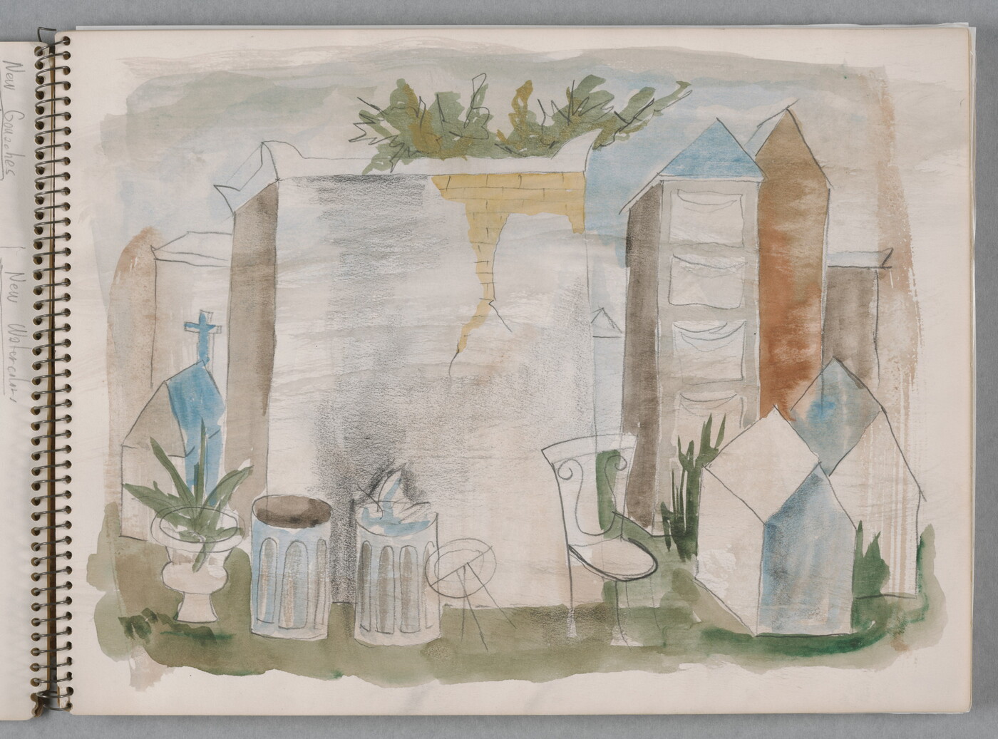 A watercolor drawing of a neighborhood street, including buildings, a chair, garbage cans, and a potted plant, on a page of a bound sketchbook.