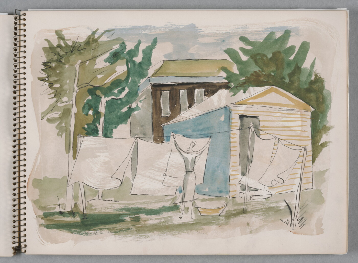 A watercolor drawing of a woman hanging laundry behind a small building on a page of a bound sketchbook.