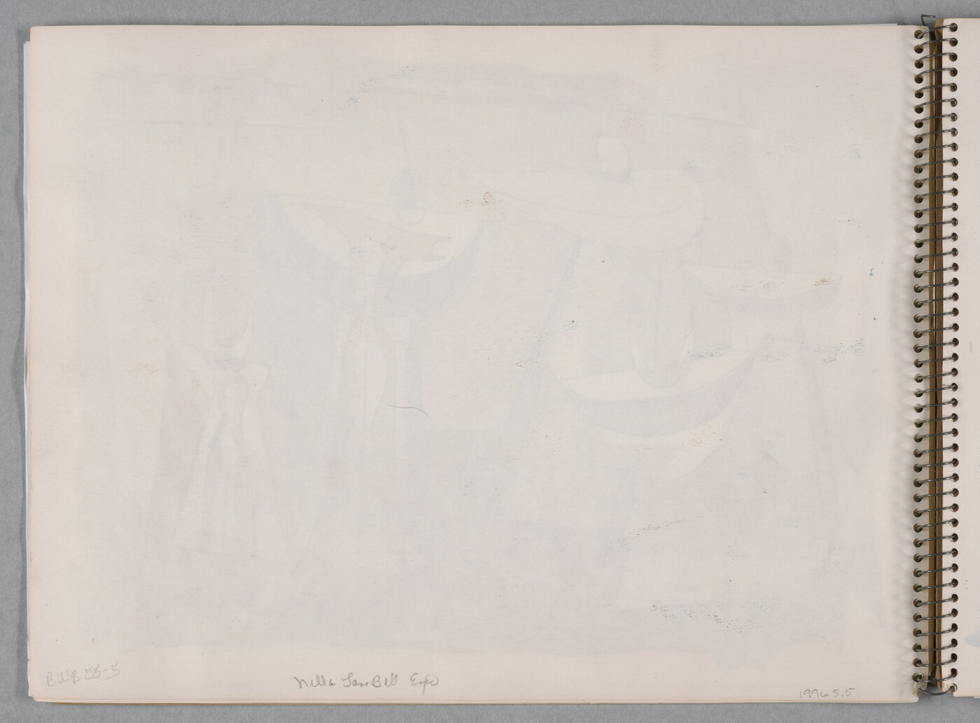 A watercolor drawing of abstract, human-like figures on a page of a bound sketchbook.