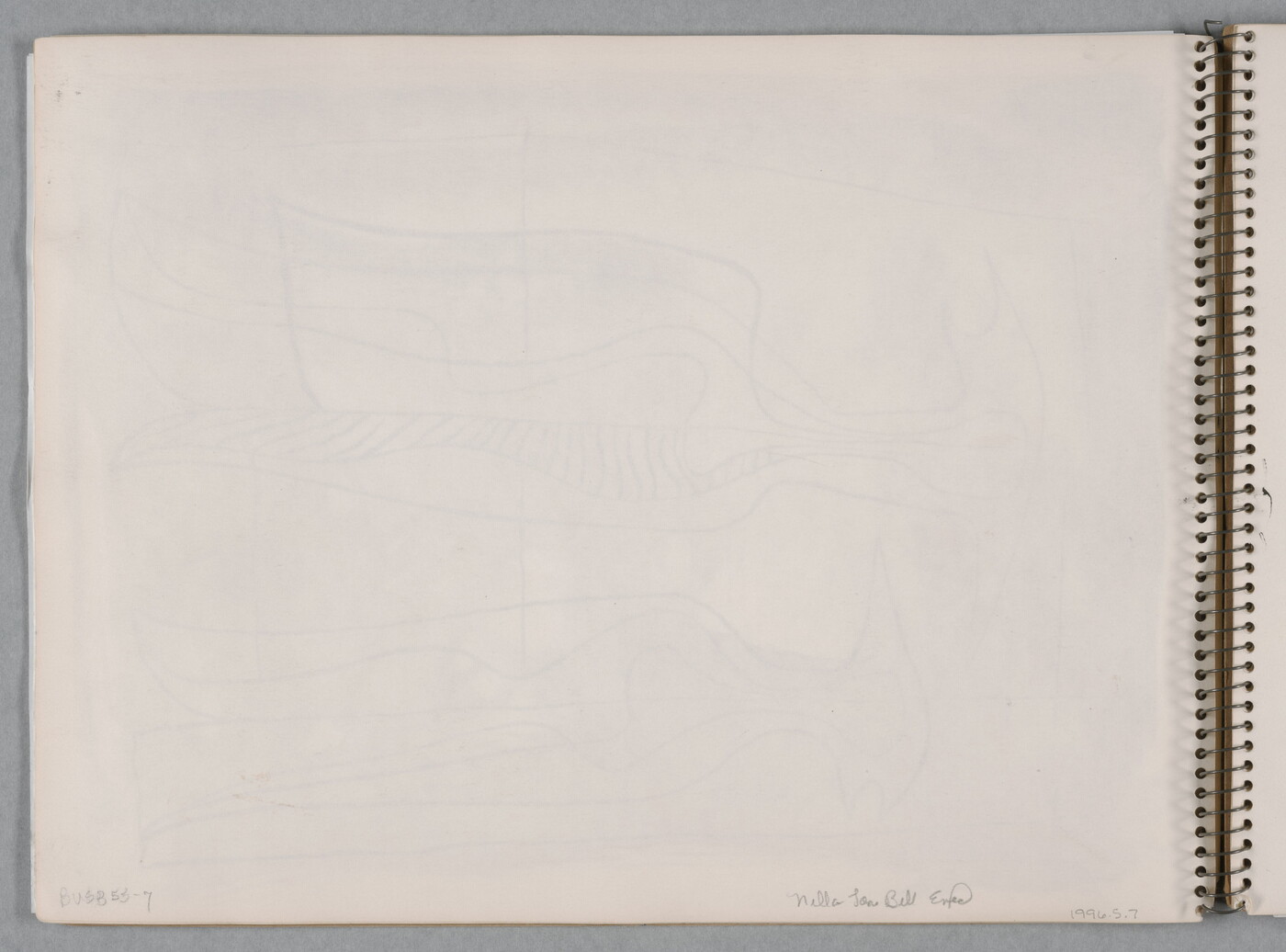 A watercolor drawing of two abstracted, bird-like figures on a page of a bound sketchbook.