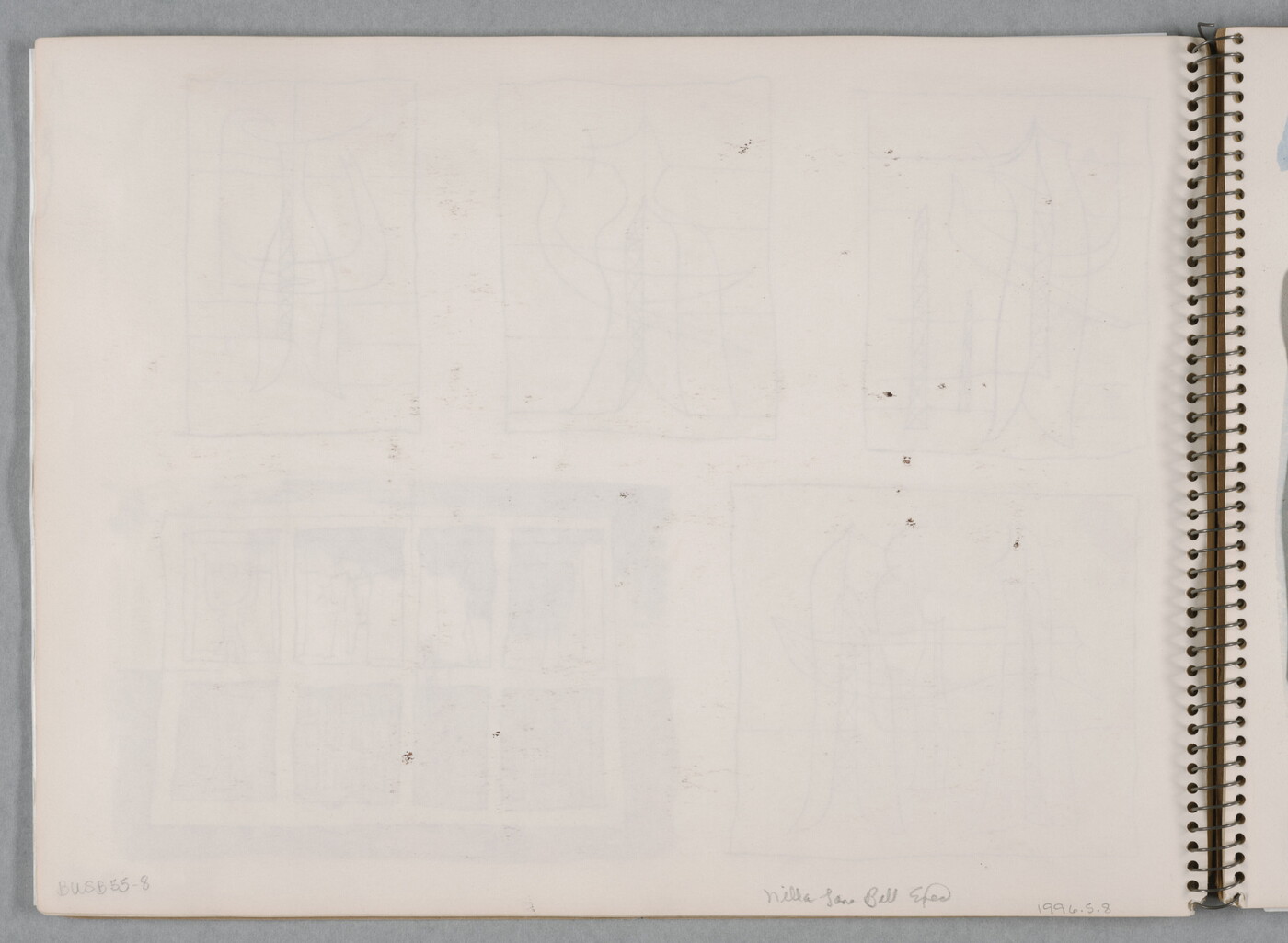 A group of five separate watercolor studies, four of abstract figures and one a cross-section of a building, on a page of a bound sketchbook.