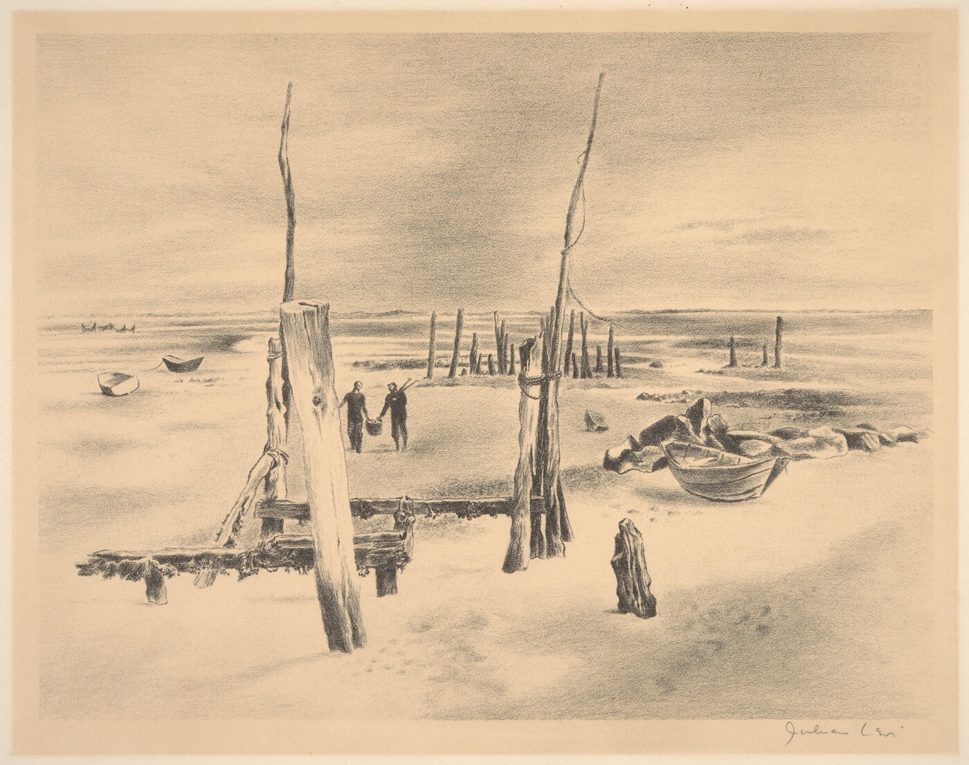 A black-and-white print of two people walking on a beach among several boats that are aground and wooden dock poles rising up through the sand.