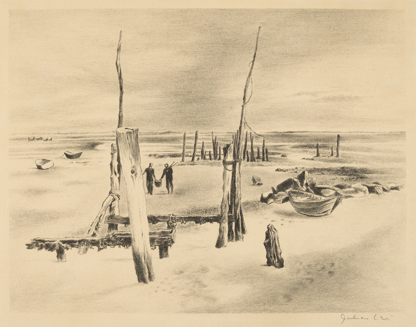 A black-and-white print of two people walking on a beach among several boats that are aground and wooden dock poles rising up through the sand.