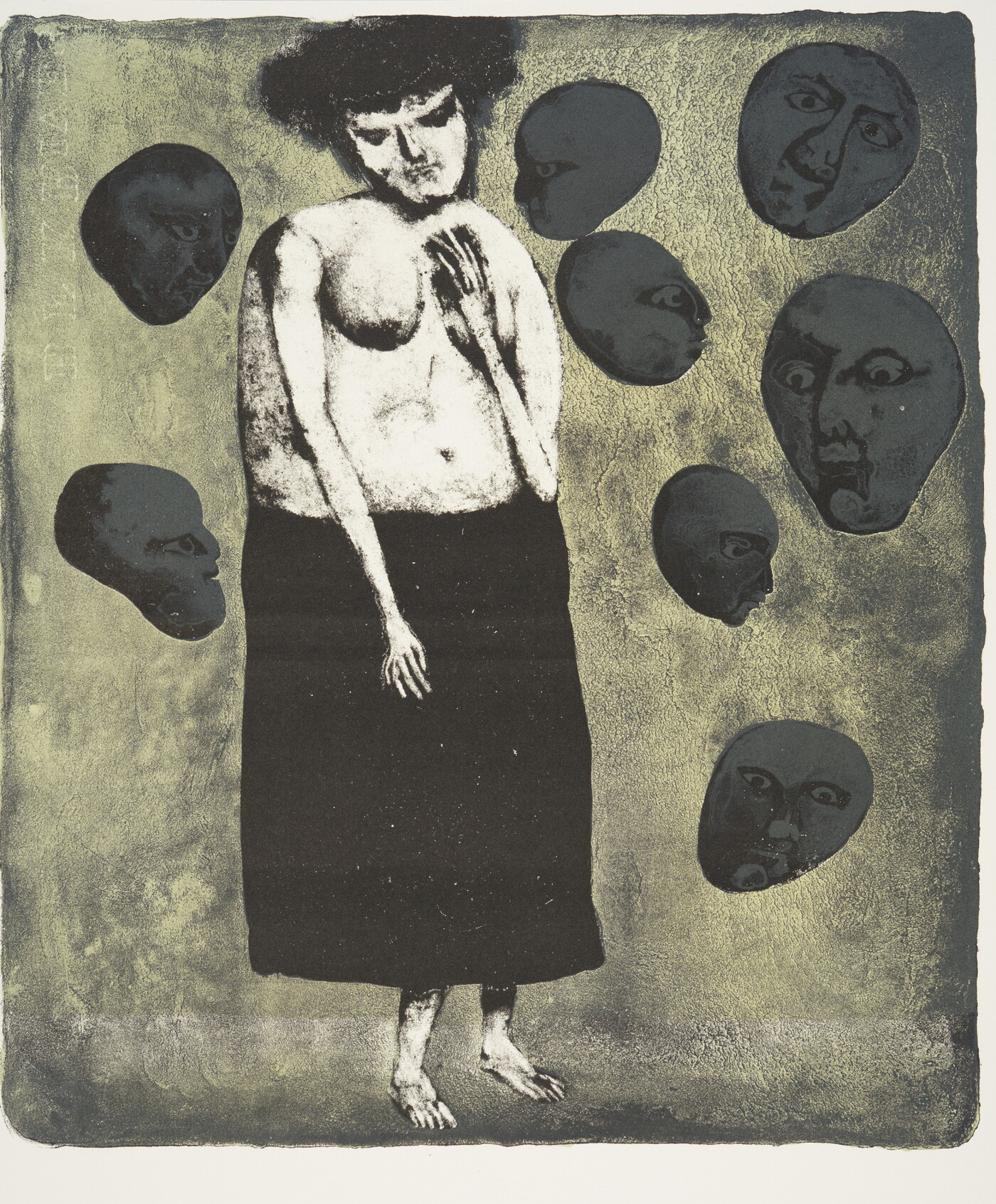 An abstract black-and-white print of a topless White woman wearing a black skirt surrounded by faces floating like balloons.