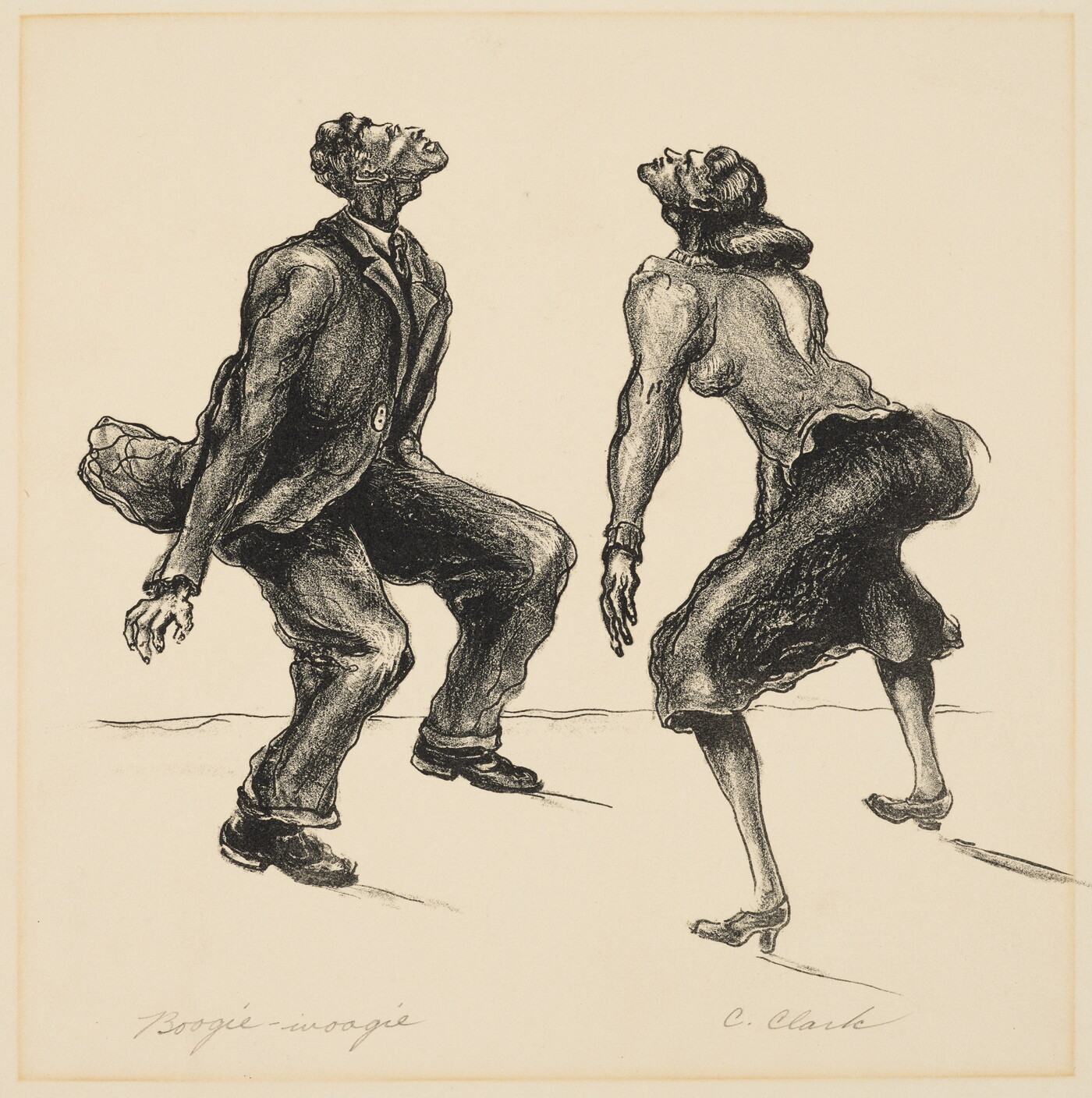 A black-and-white print of a Black man and woman dancing with legs and arms spread and heads turned up.