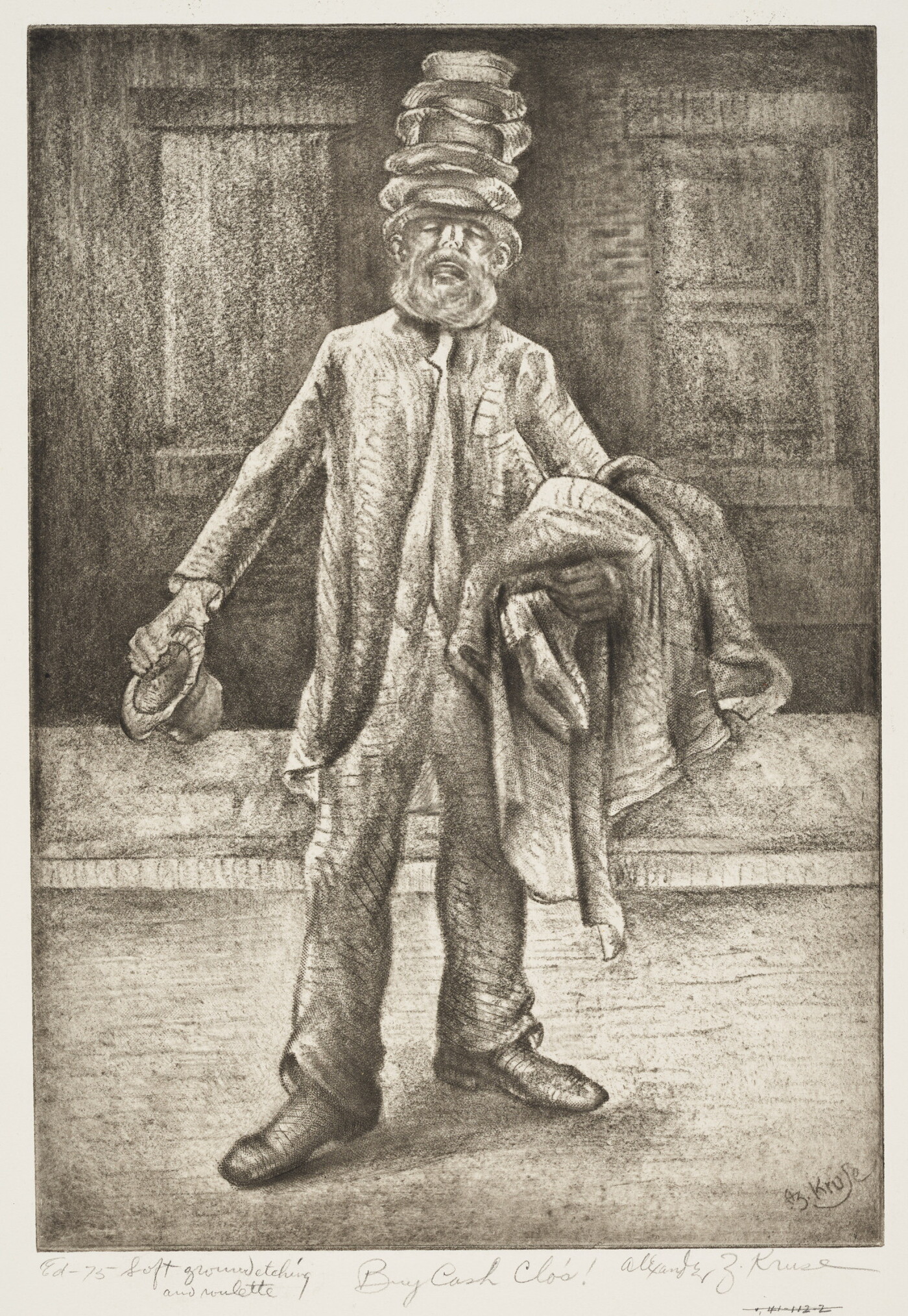A black-and-white print drawing of a White man with many hats on his head, holding clothing over his left arm, standing on a sidewalk.