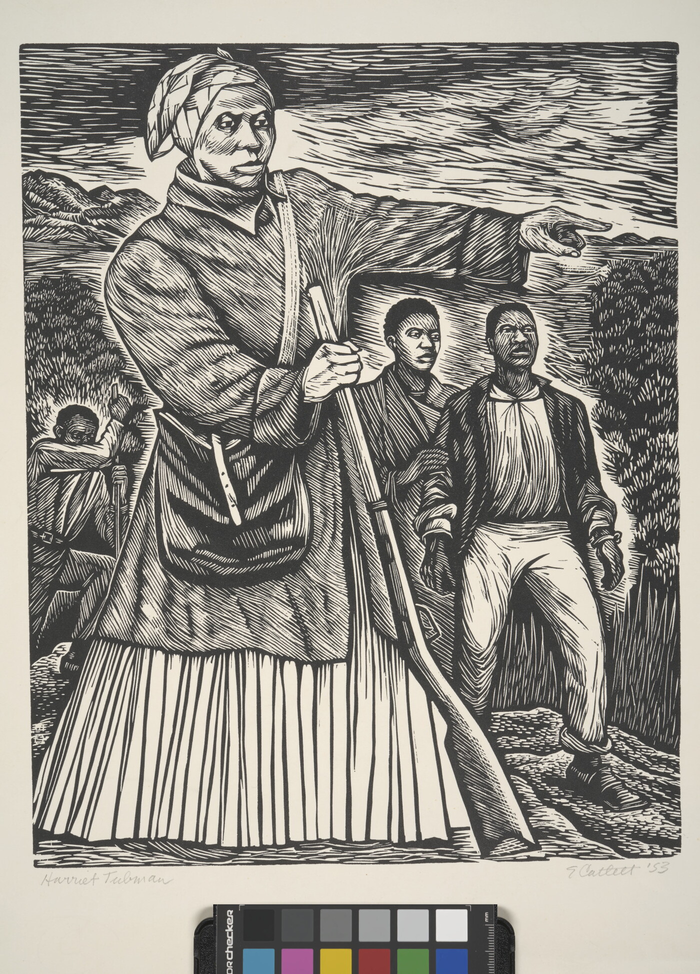 A black-and-white print of Harriet Tubman pointing the way for several Black figures behind her.