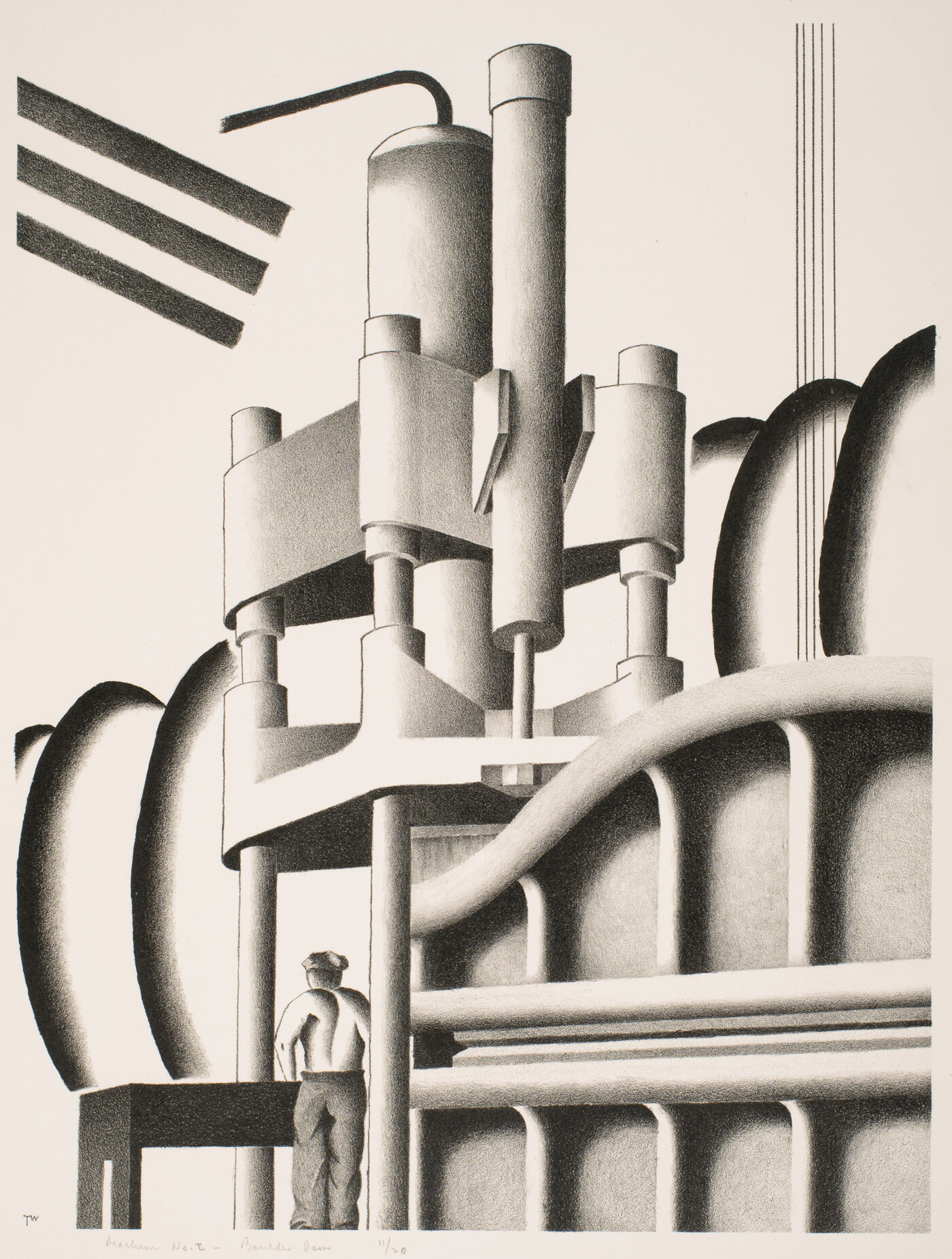 A black-and-white print of a man standing at a table that is under a large piece of machinery.