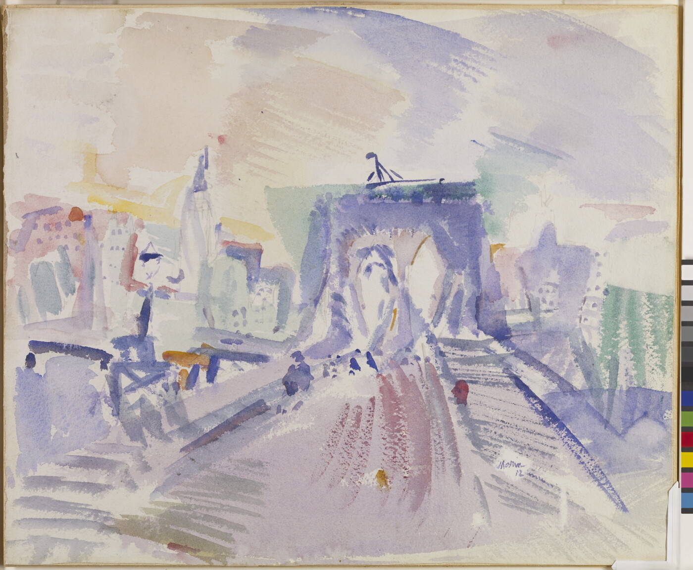 An abstract watercolor of the Brooklyn Bridge with the New York City skyline behind it.