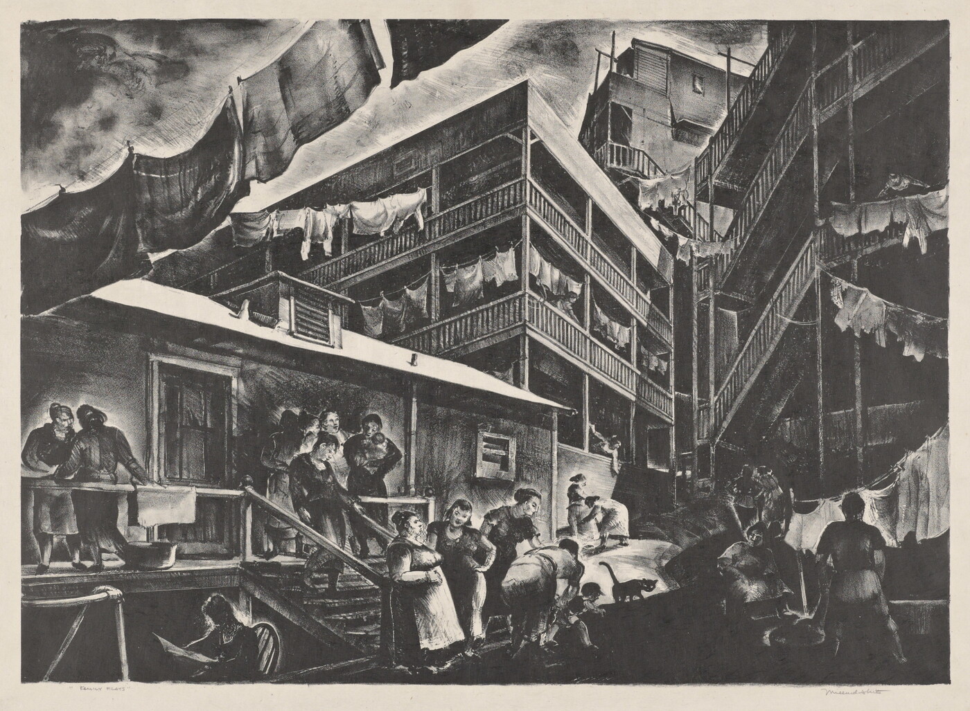 A black-and-white cityscape print of people talking and working in front of tenement housing with laundry hanging on lines between buildings.