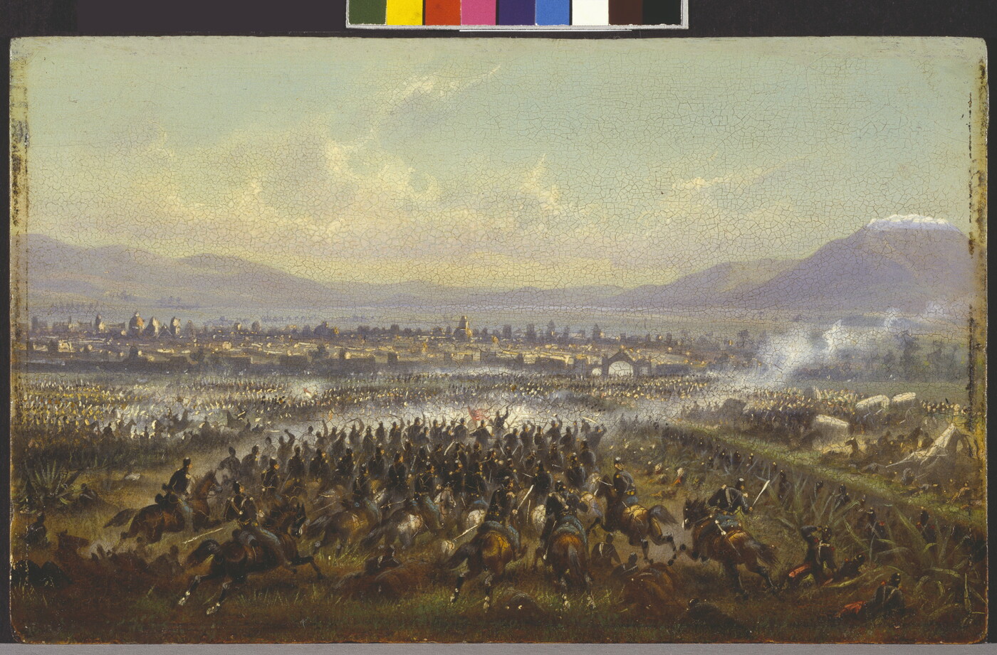 An oil painting of a large group of U.S. soldiers charging in to battle in a field.