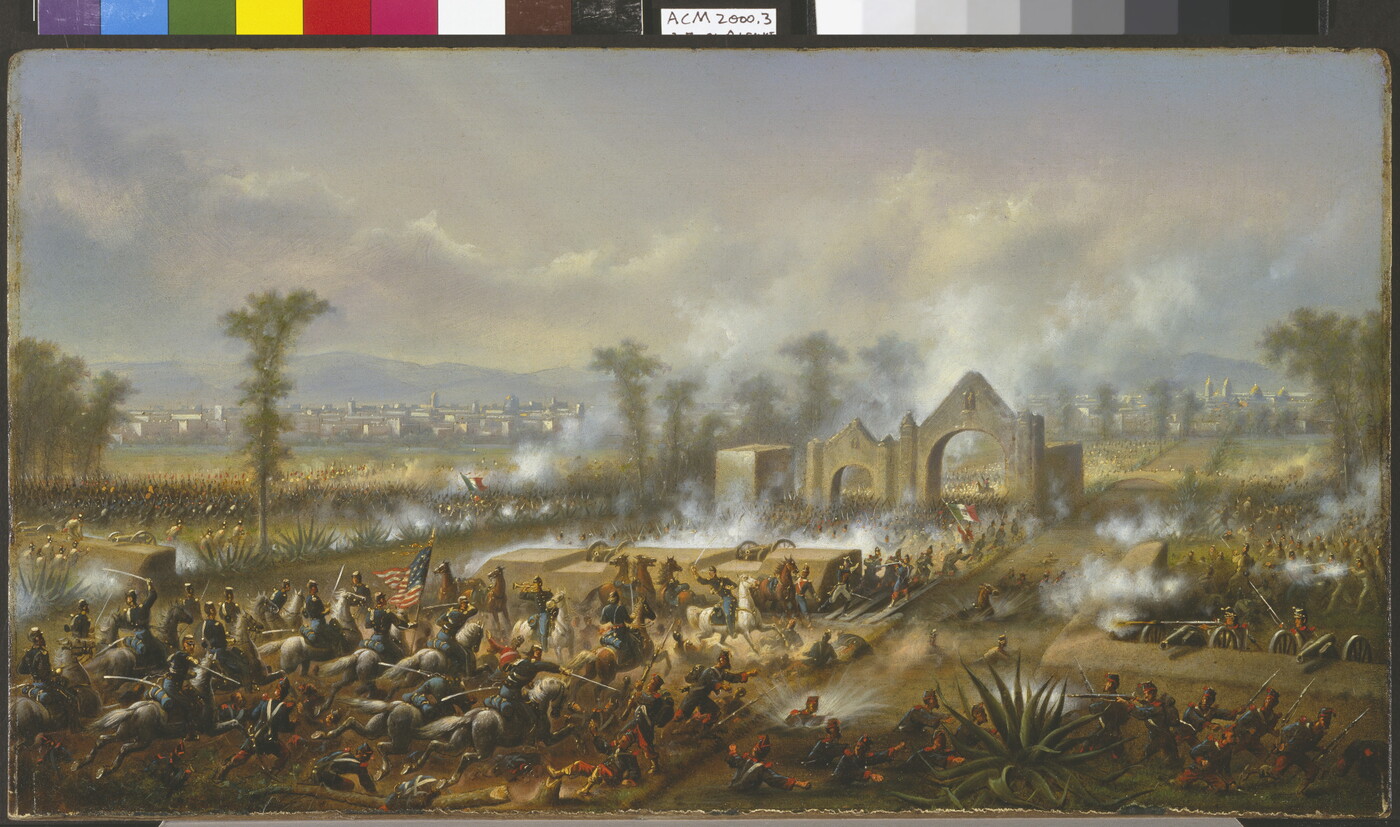An oil painting of U.S. cavalry soldiers riding toward a stone gate to a battle.