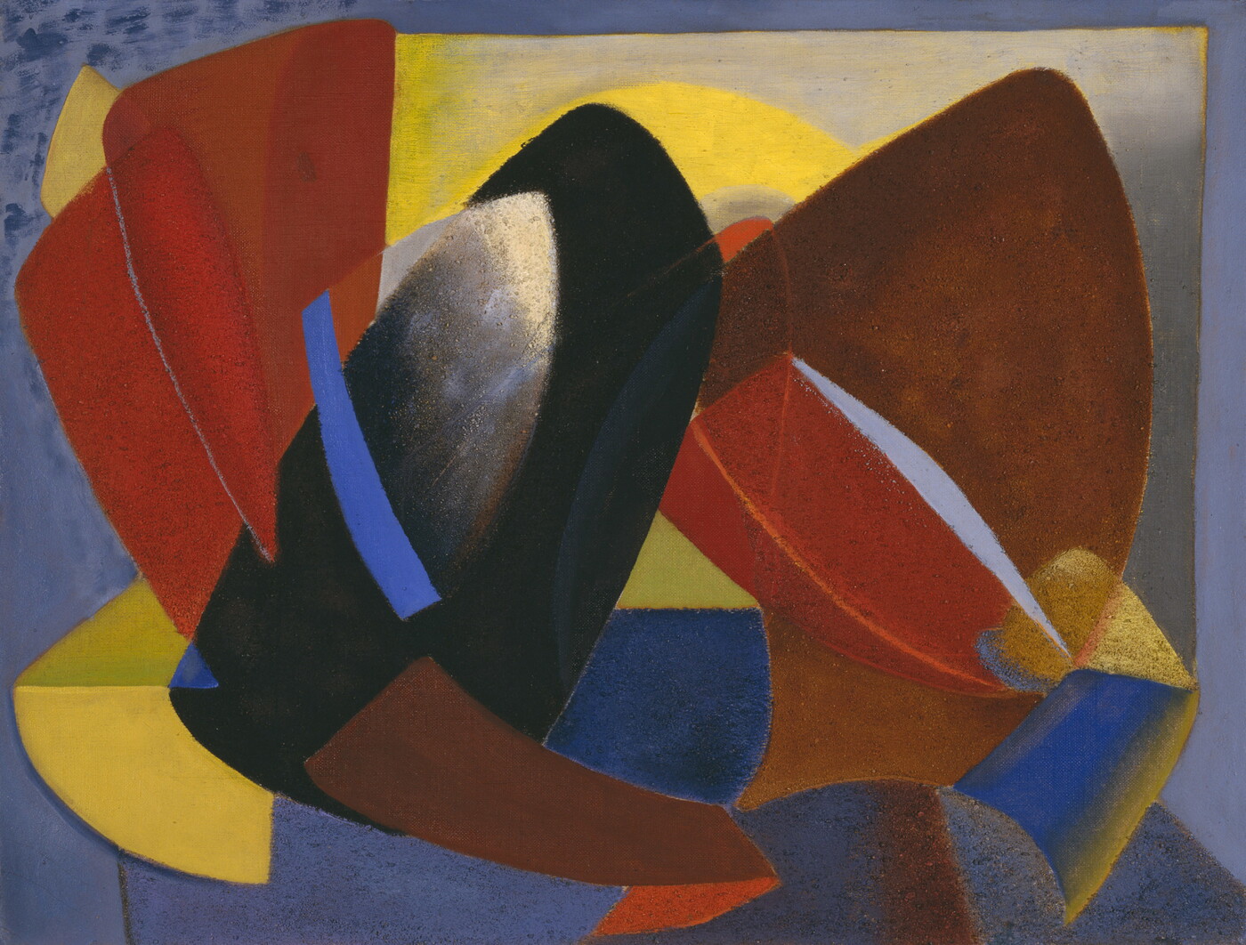 An abstract oil painting of organic and geometric shapes in red, yellow, black, and brown on a blue background.