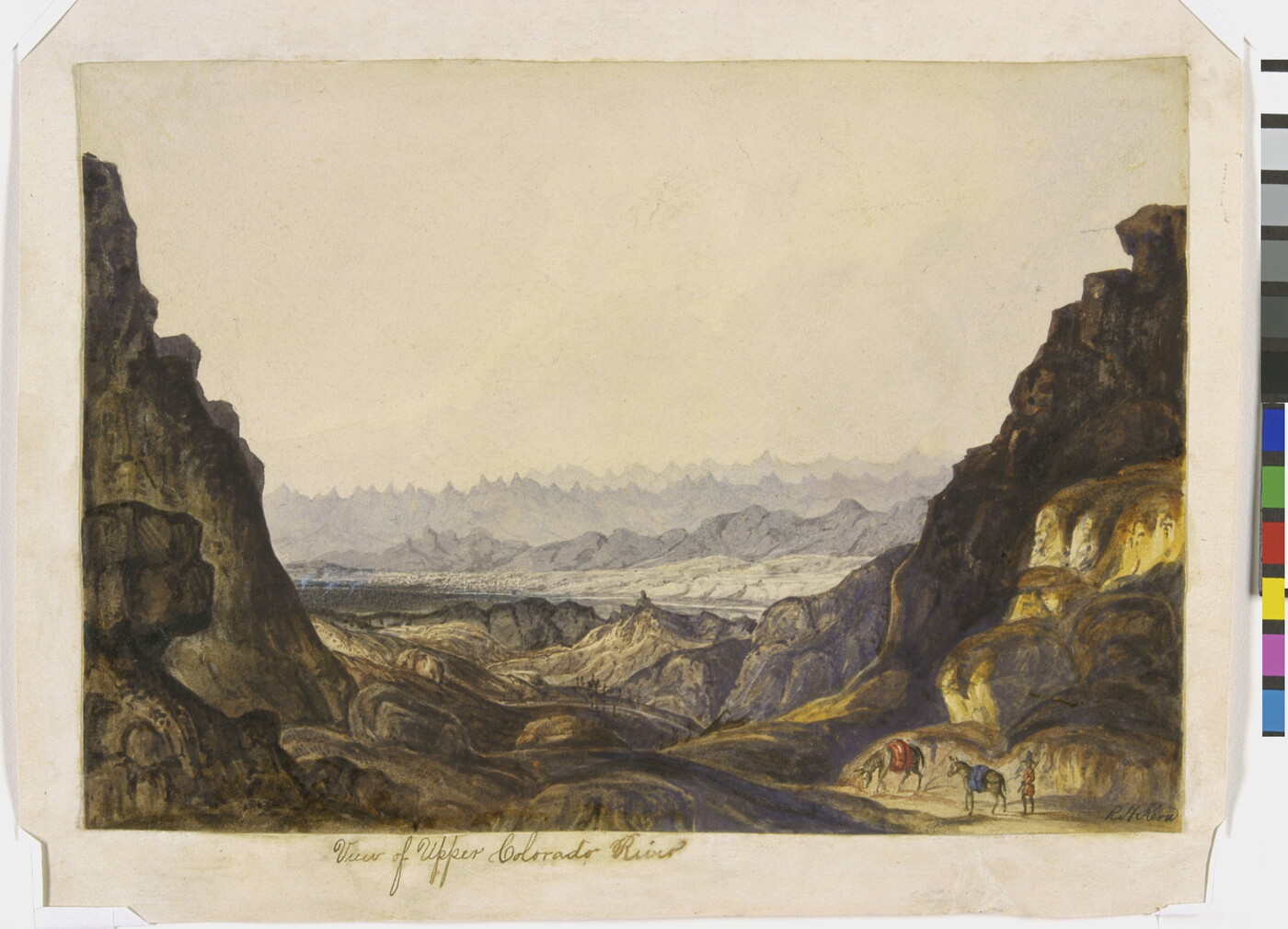 A watercolor landscape of the Rocky Mountains with a river through a canyon with a couple people and mules in the foreground.
