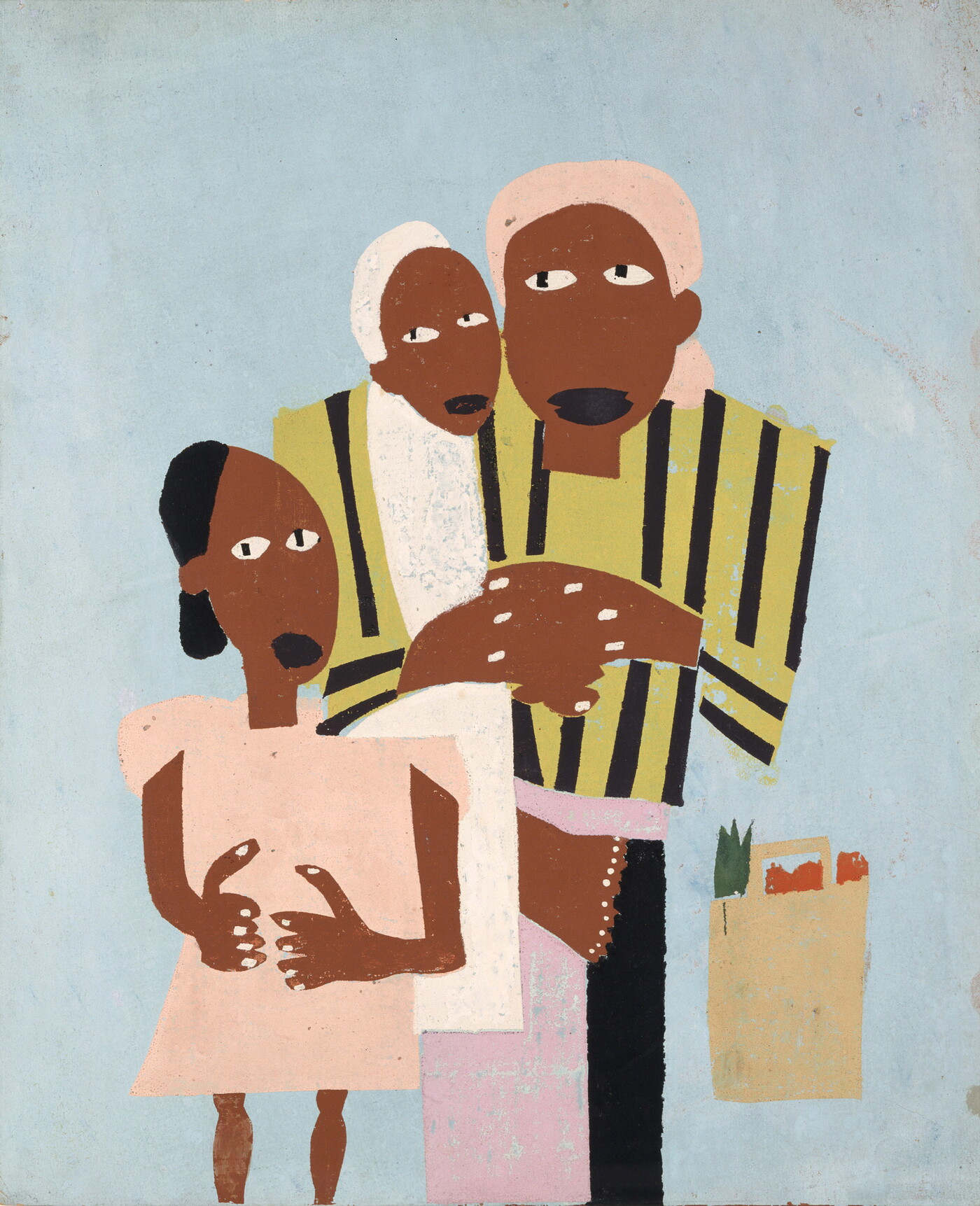 A color print of three Black figures with hands clasped together, and a paper grocery bag near them, all rendered in bold, geometric shapes and bright colors.