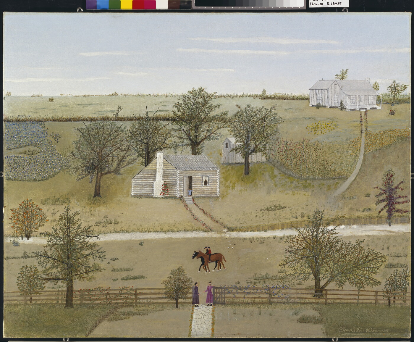 An oil painting in folk-art style of a log cabin and clapboard house on a large farm with two women standing at a fence and two men riding on horseback.