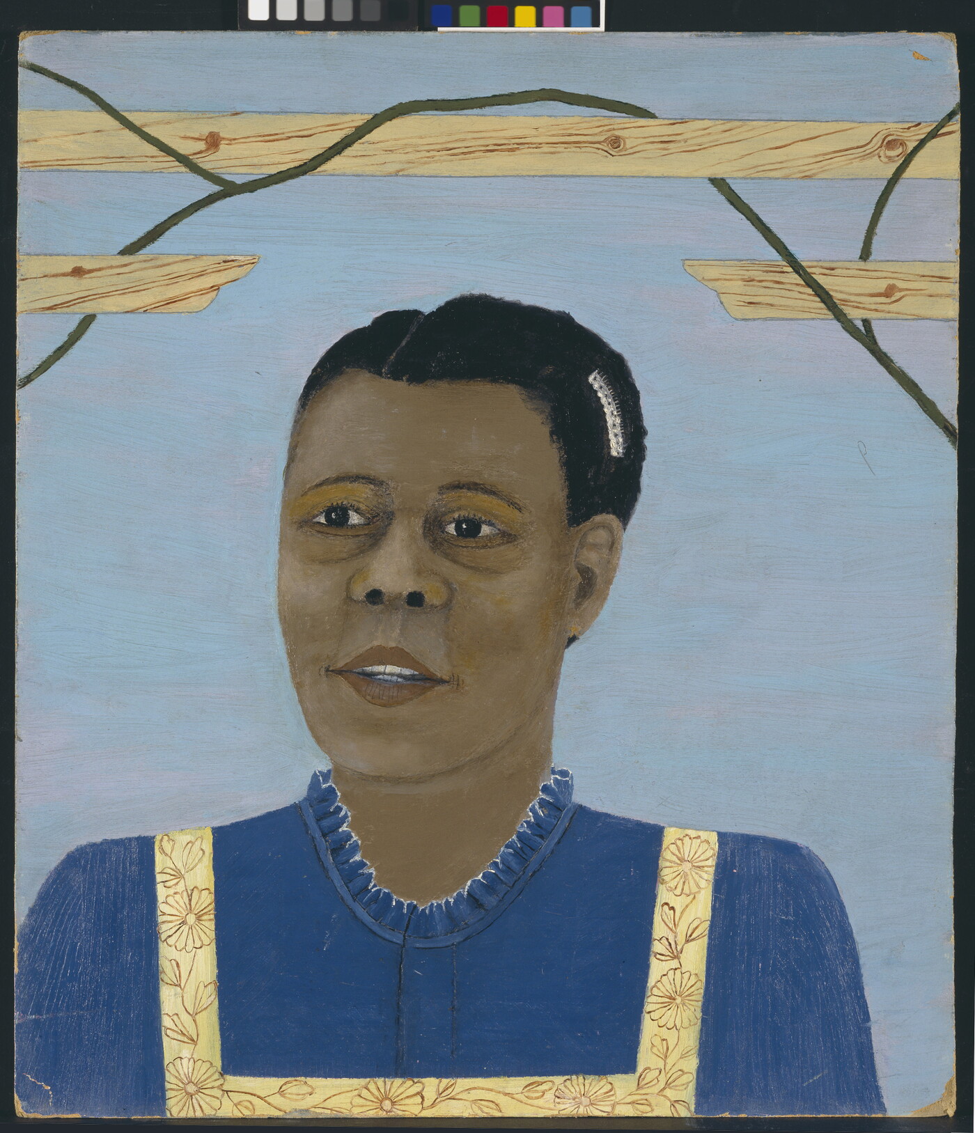 A painting of a Black woman with a barrette in her hair under a broken wooden railing that frames her head.