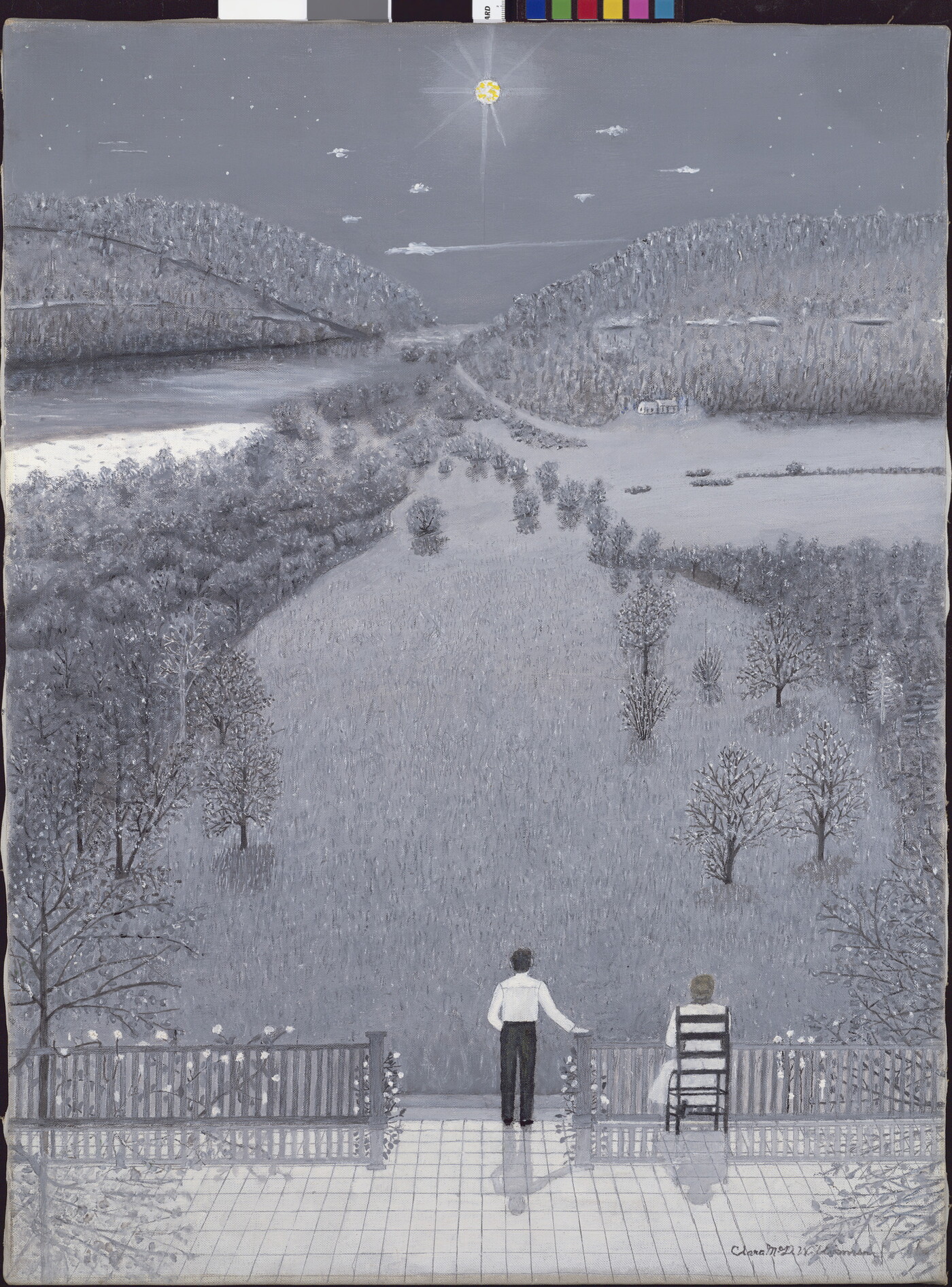 A whimsical oil painting in mostly grays, blacks, and whites of a man and a woman on a patio gazing out on a moonlit snow scene.