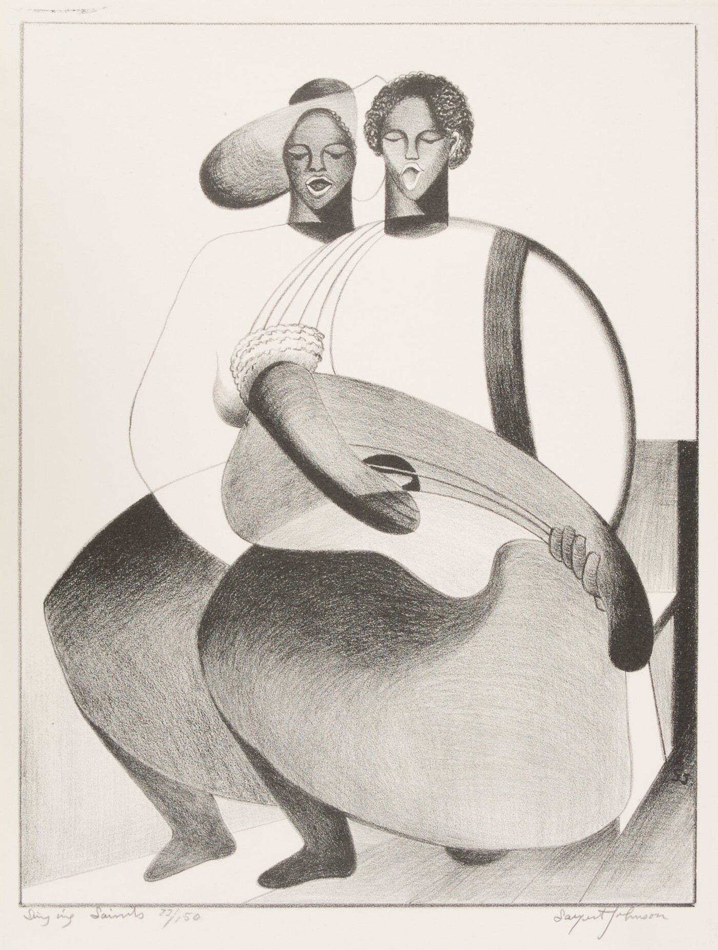An abstract black-and-white print of two Black people, one playing guitar, both singing.