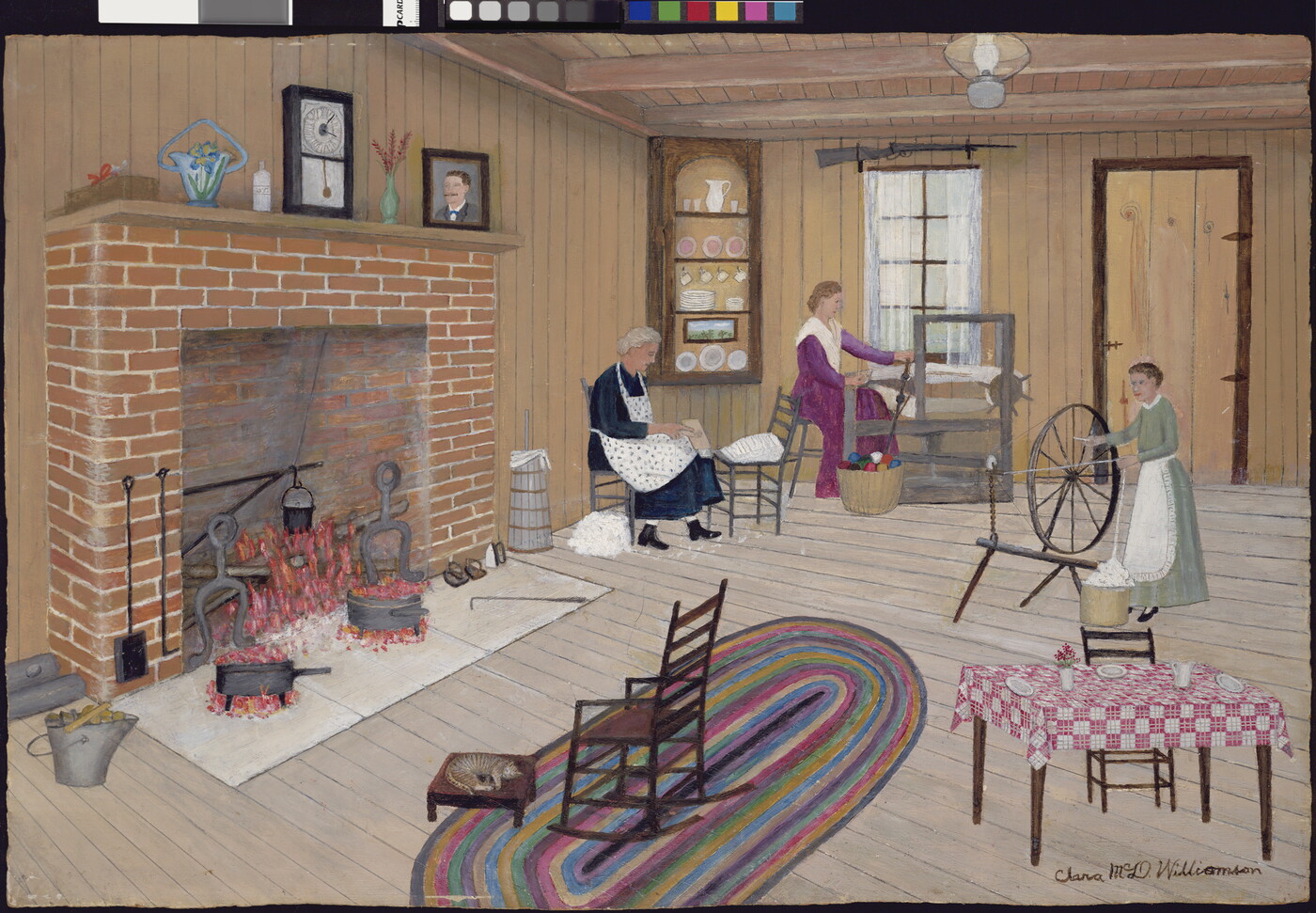 A painting of three women by a fireplace in a cozy family room: one sewing, one working a loom, and the other at a spinning wheel.