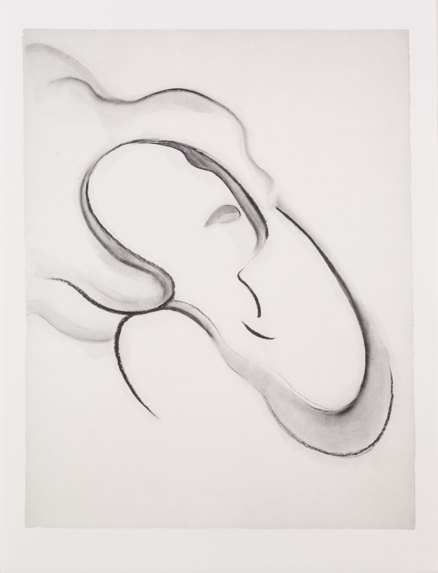 An abstract black-and-white print of a women made with simple, curving lines and shapes.