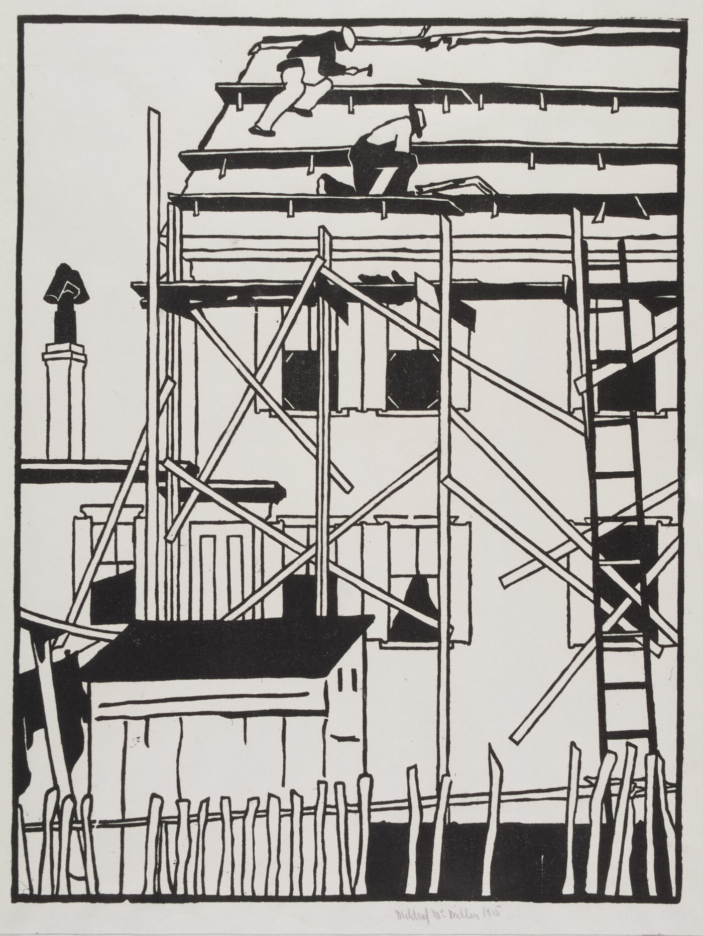 An abstract black-and-white print of workers on scaffolding working on the roof of a two-story building.