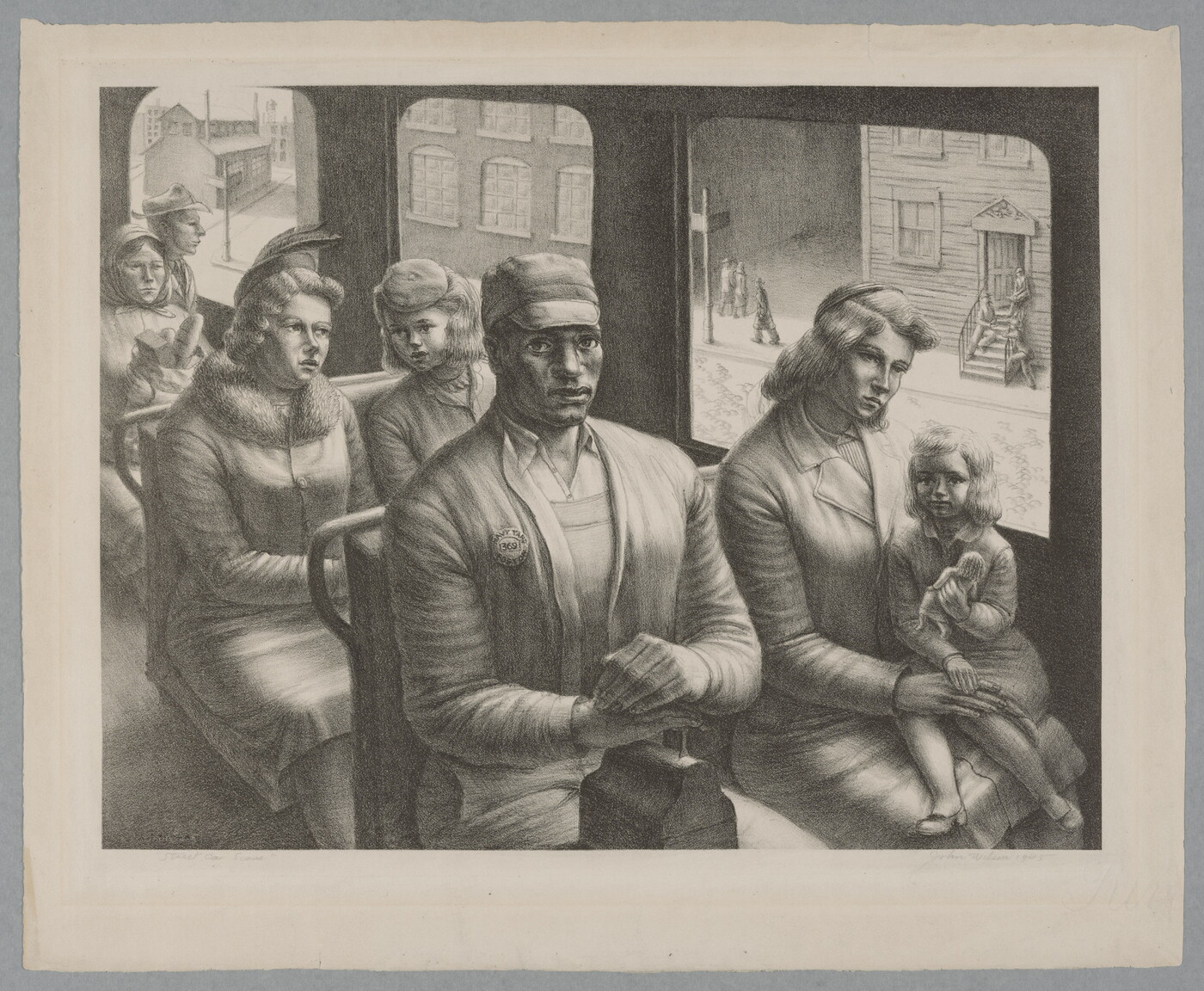 A black-and-white print of a Black man sitting in a street car next to a White woman and child with other White passengers in the background.