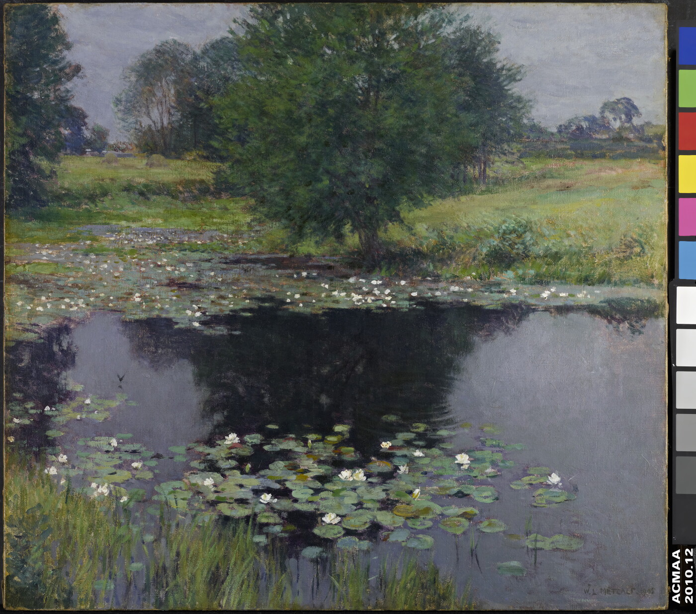 An impressionist-style oil painting of a dark pond with floating water lilies and lush green surroundings.