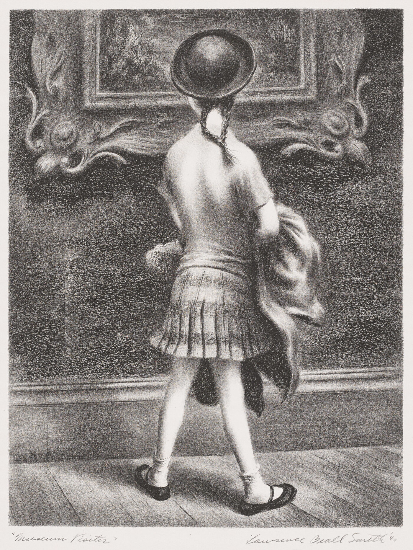 A black-and-white print of a little girl seen from behind wearing a hat and skirt looking at an artwork in a decorative frame hanging on the wall.