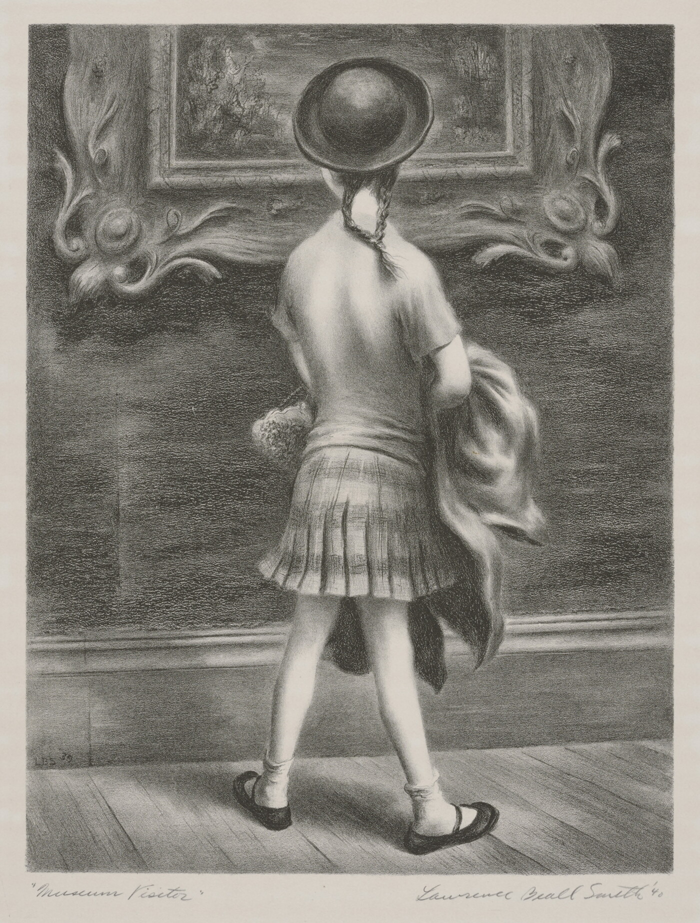 A black-and-white print of a little girl seen from behind wearing a hat and skirt looking at an artwork in a decorative frame hanging on the wall.