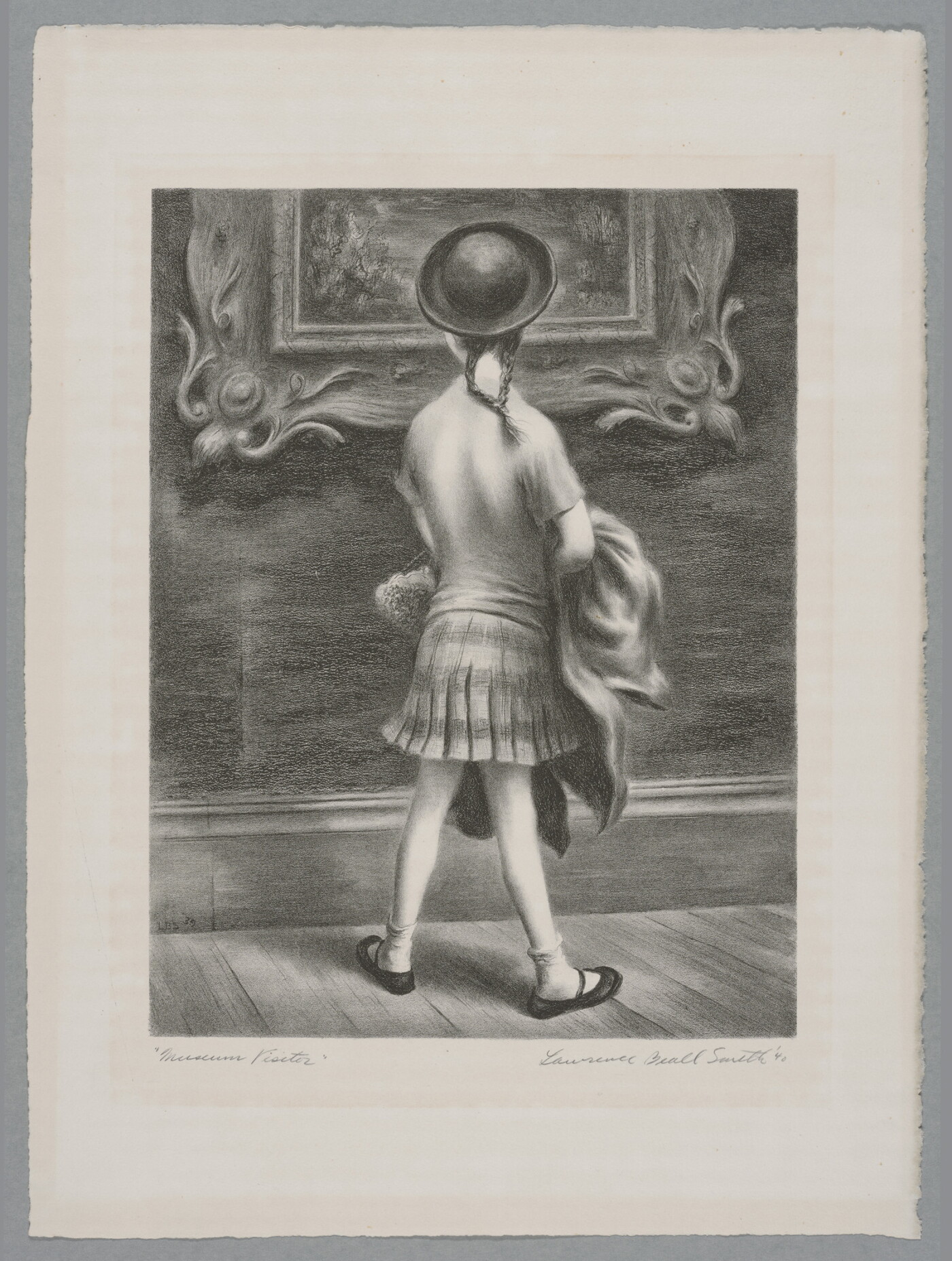 A black-and-white print of a little girl seen from behind wearing a hat and skirt looking at an artwork in a decorative frame hanging on the wall.