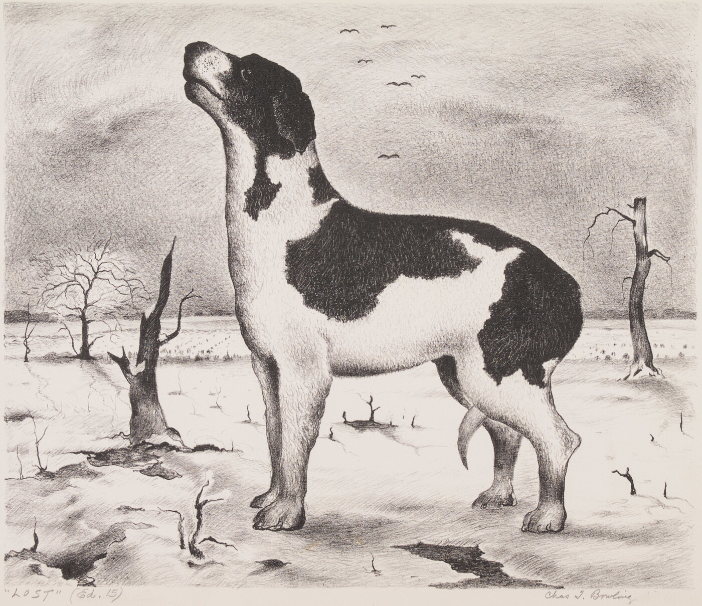 A black-and-white print of a black-and-white dog, tail tucked between its legs, standing alone outside in a desolate landscape.