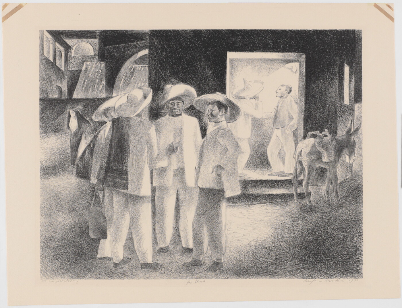 A black-and-white drawing of men, most wearing sombreros, talking in a street in front of a bar; a donkey stands outside the entrance.