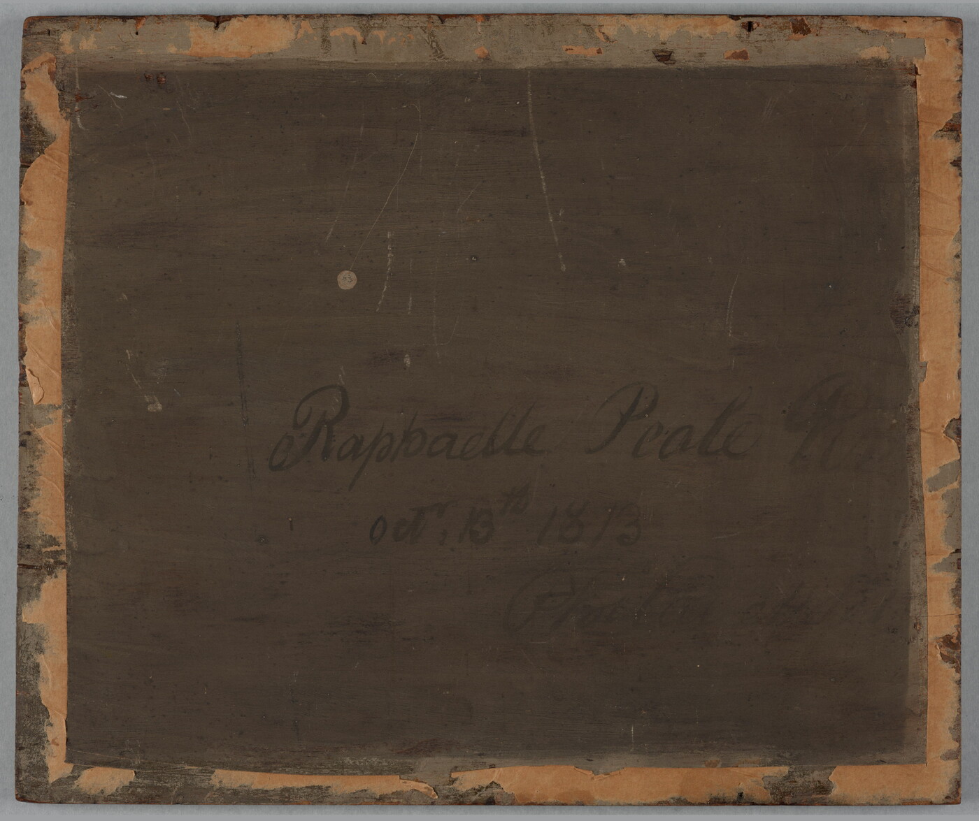 A still life oil painting of a cluster of purple grapes and several peaches next to a white, porcelain basket holding more peaches.