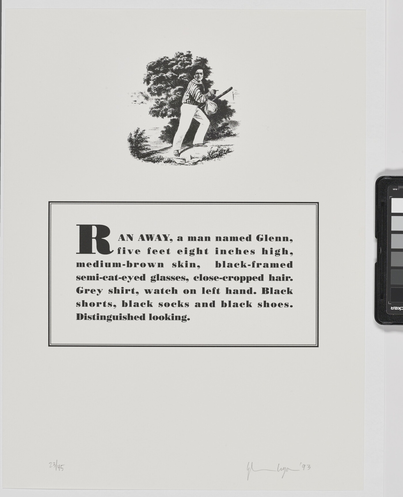 A black-and-white print of a historical graphic of an enslaved person placed above a paragraph that describes physical attributes and personality traits of the Black artist.