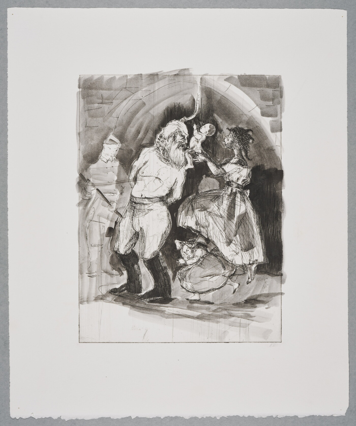 A black-and-white print of a White man about to be hung as a Black woman presents a baby to him.<br />