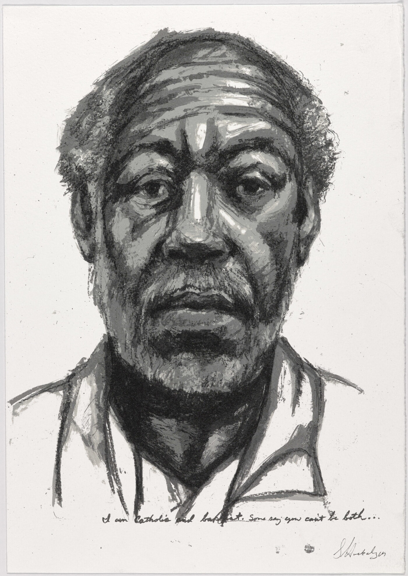 A black-and-white print of a sketch of a balding Black man who looks out at the viewer.