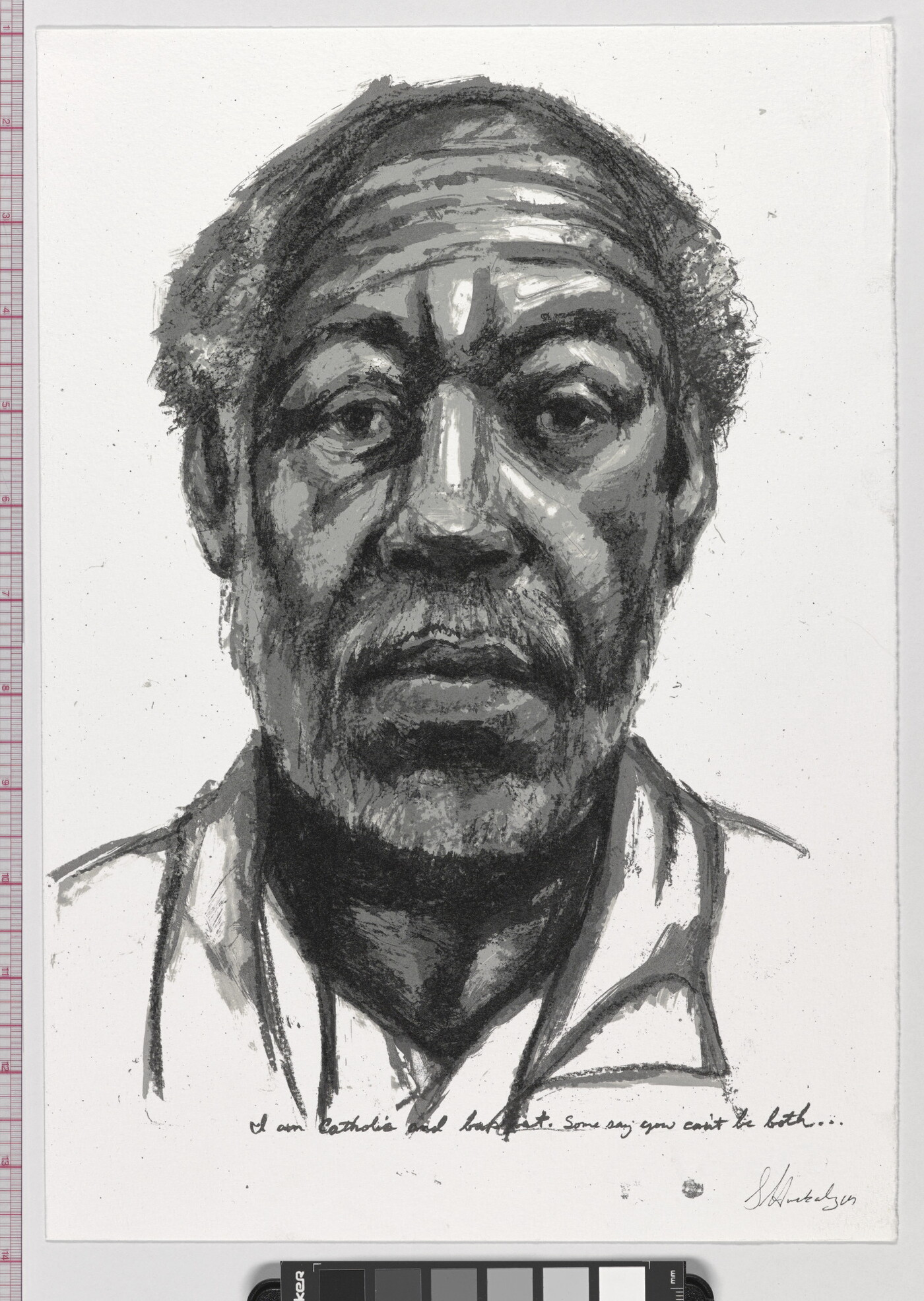 A black-and-white sketch of a balding Black man who looks out at the viewer.