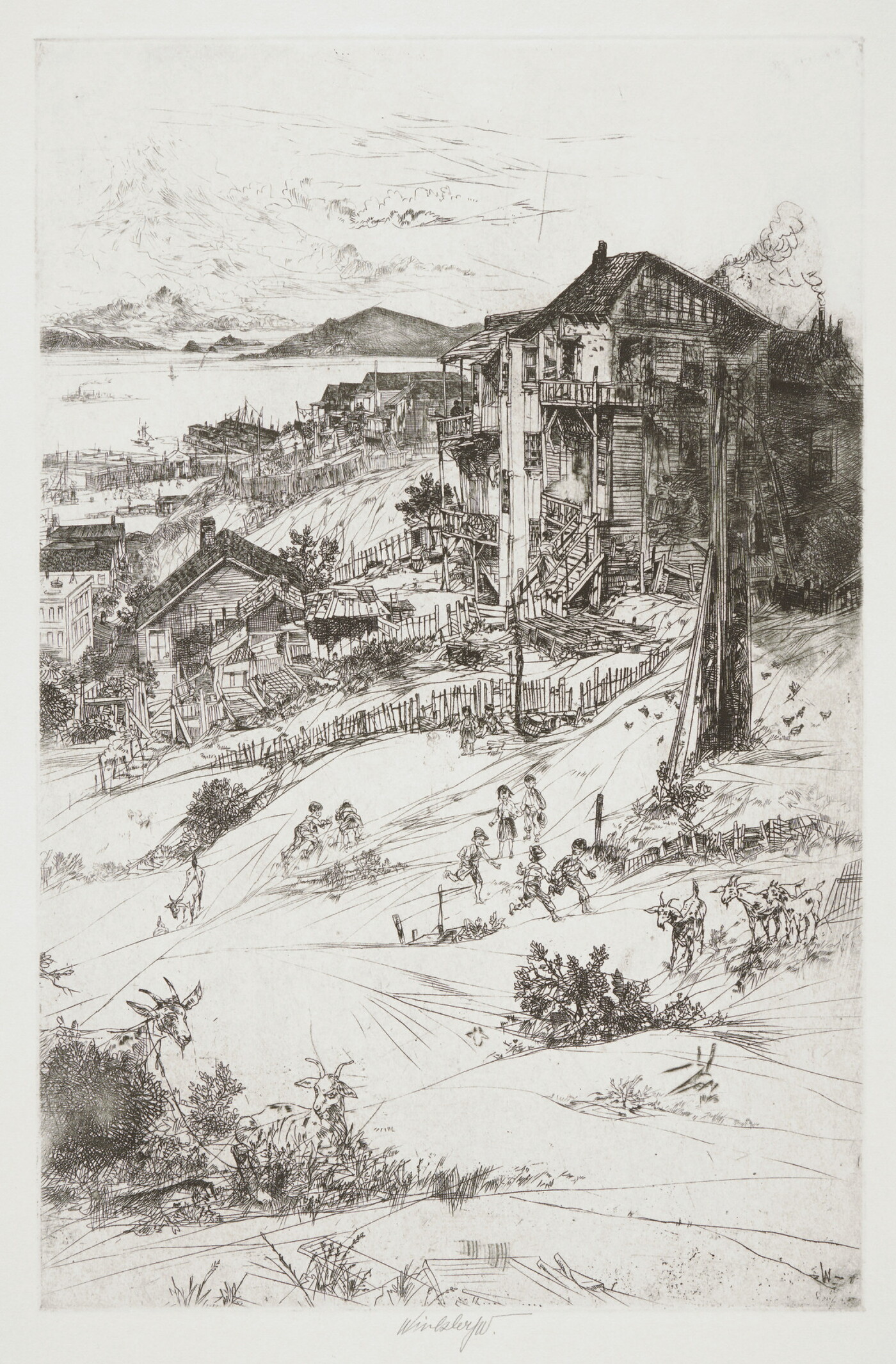 A black-and-white print of goats grazing and children playing in a field in front of houses perched on a steep hill overlooking the sea.