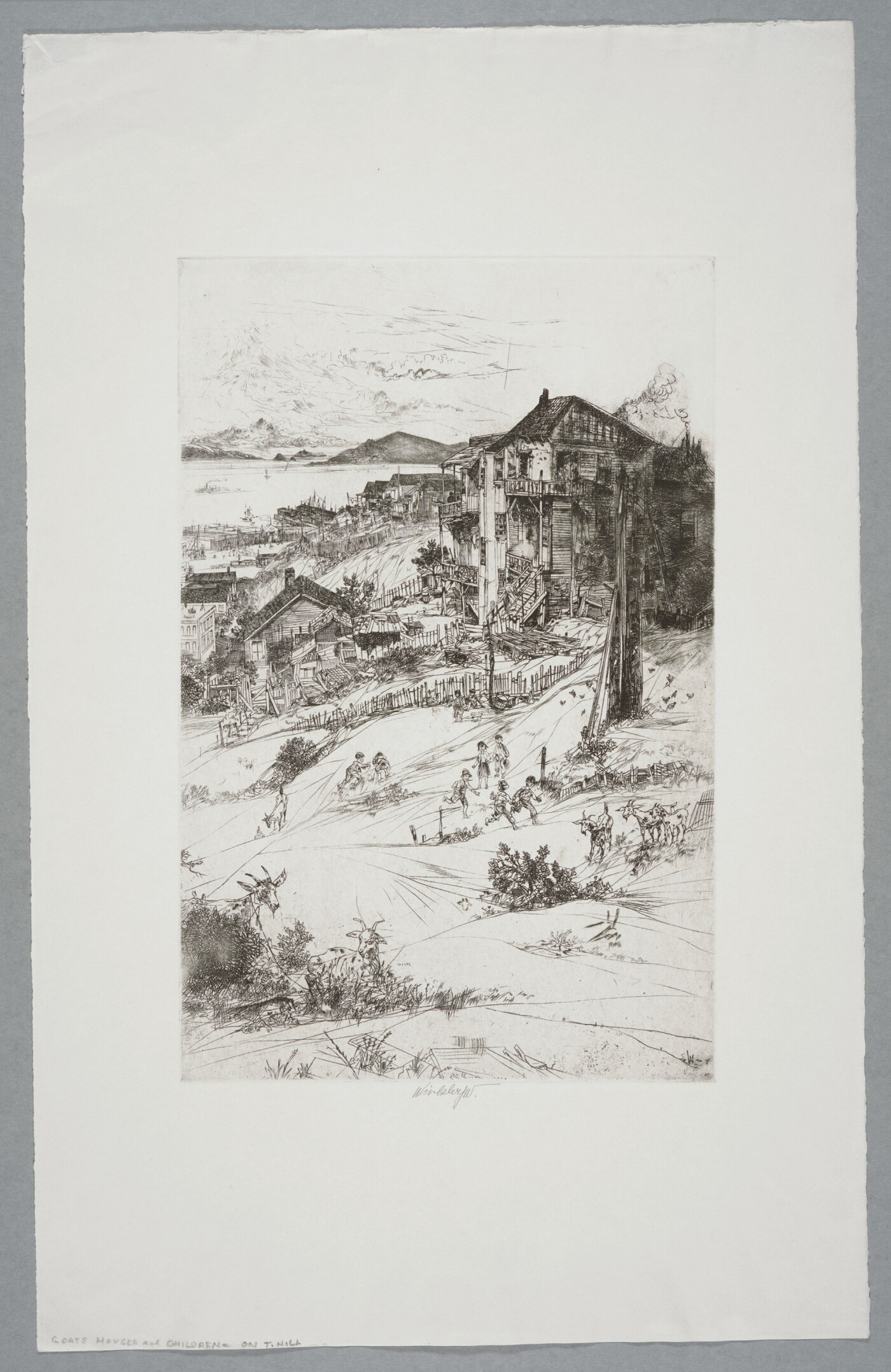 A black-and-white print of goats grazing and children playing in a field in front of houses perched on a steep hill overlooking the sea.