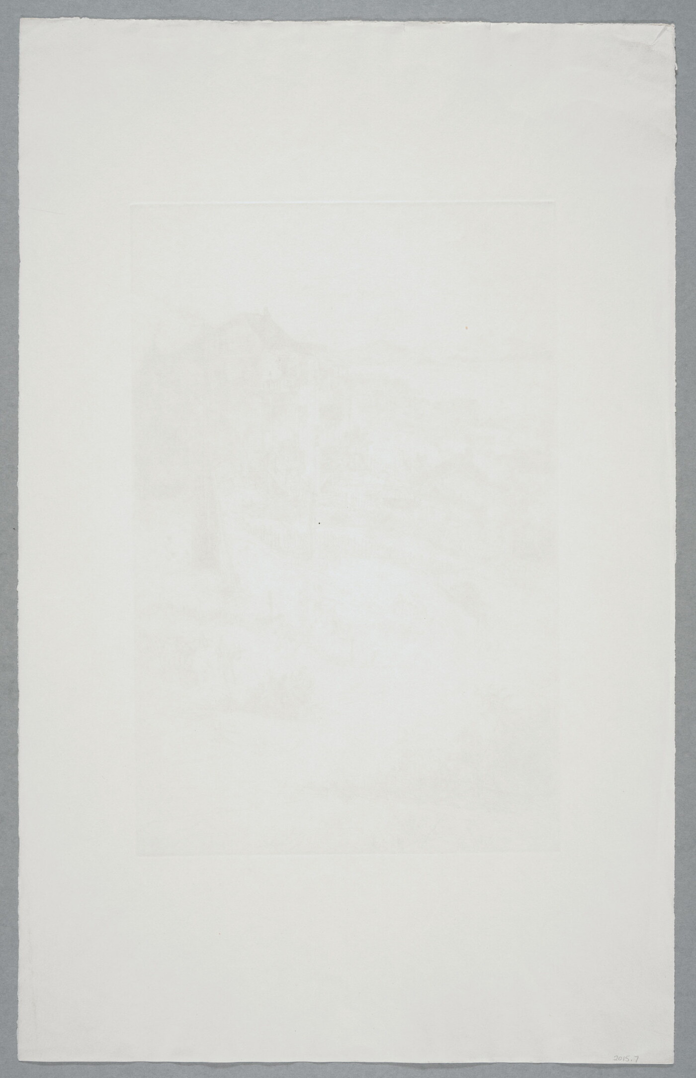 A black-and-white print of goats grazing and children playing in a field in front of houses perched on a steep hill overlooking the sea.