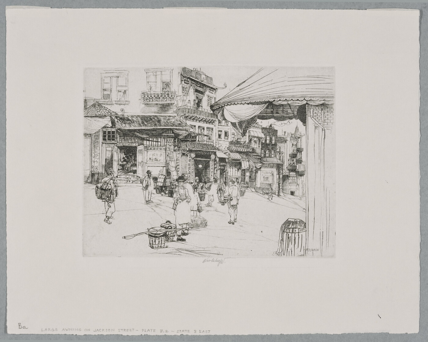 A black-and-white print of a busy street corner with people, some carrying baskets, walking in front of buildings with Asian architectural details.