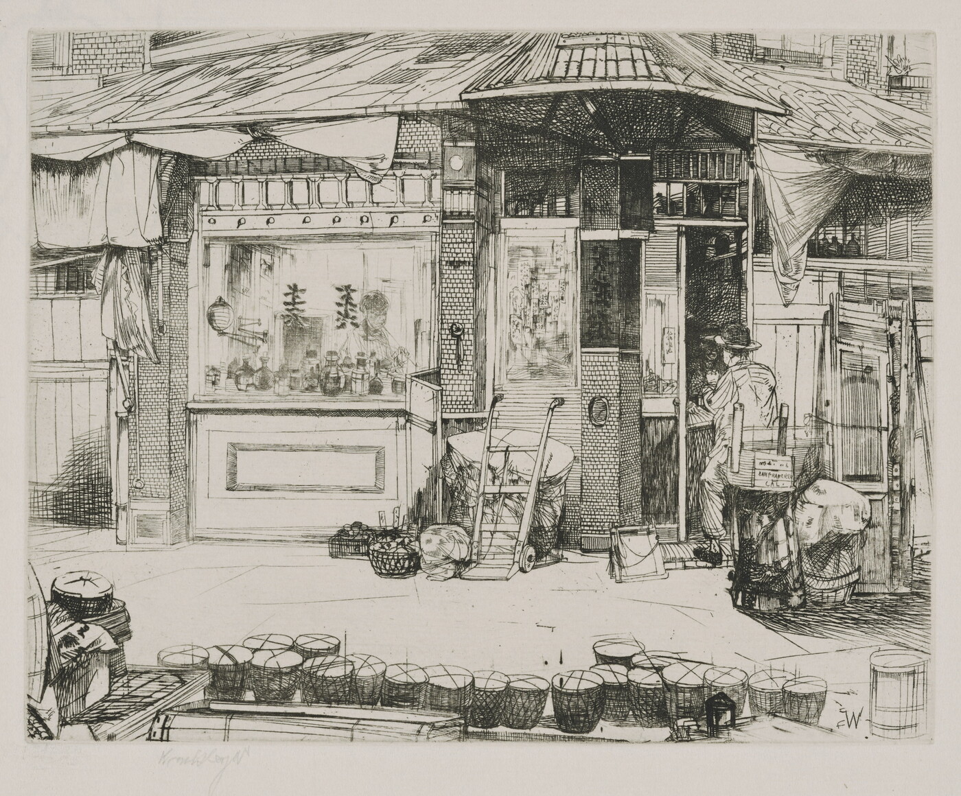 A black-and-white print of a person seated at work in front of a building with Asian details; a line of baskets on the street in the foreground.