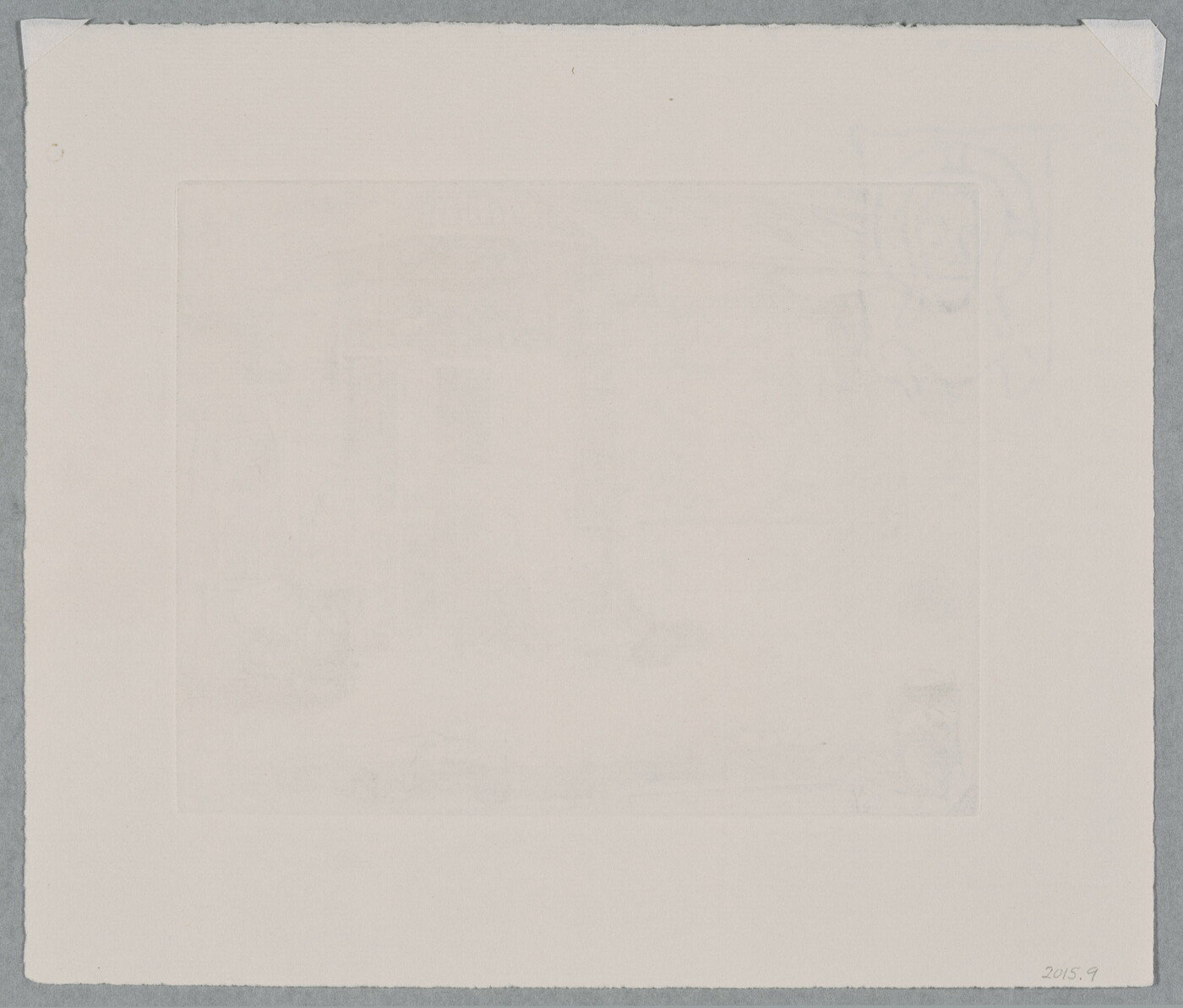 A black-and-white print of a person seated at work in front of a building with Asian details; a line of baskets on the street in the foreground.