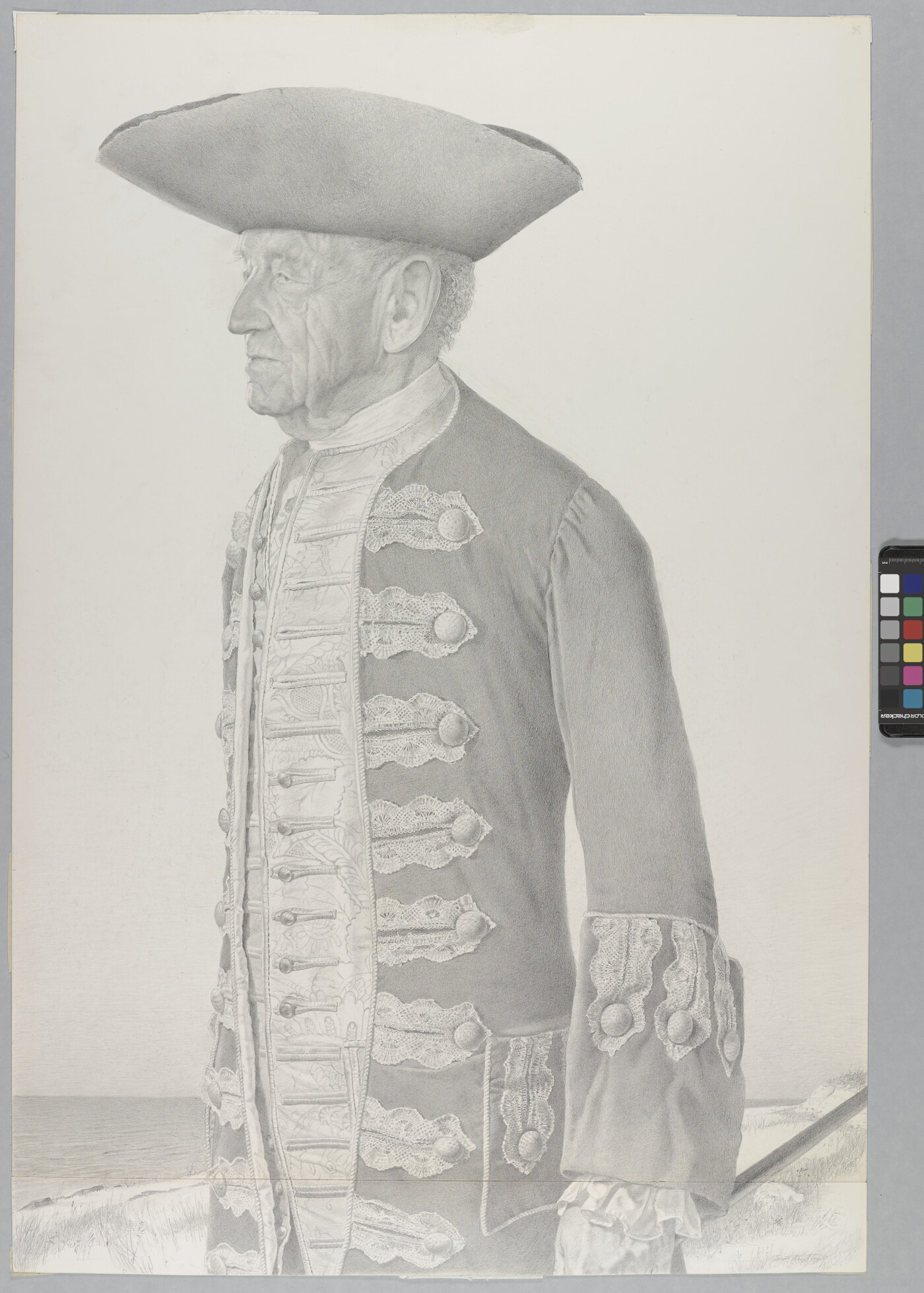 A graphite drawing of a man in profile wearing a tricorn hat and a decorative frock.